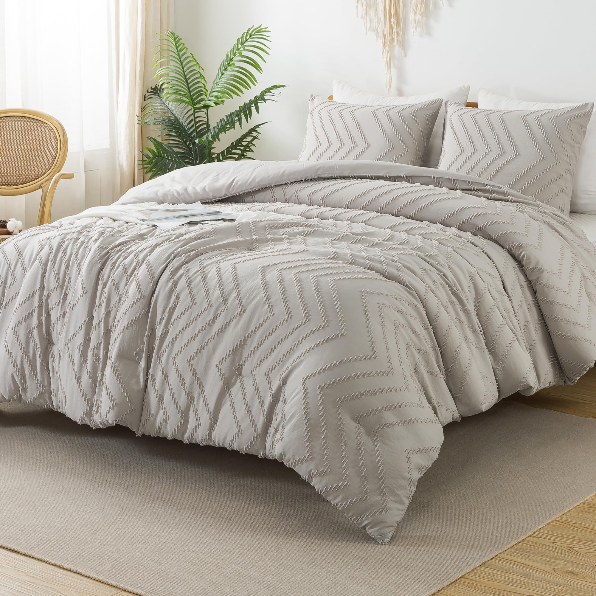 Litanika Linen California King Comforter Set, 3 Pieces Cal King Oversized Chevron Tufted Boho Bedding Comforter Sets, Fluffy Bed