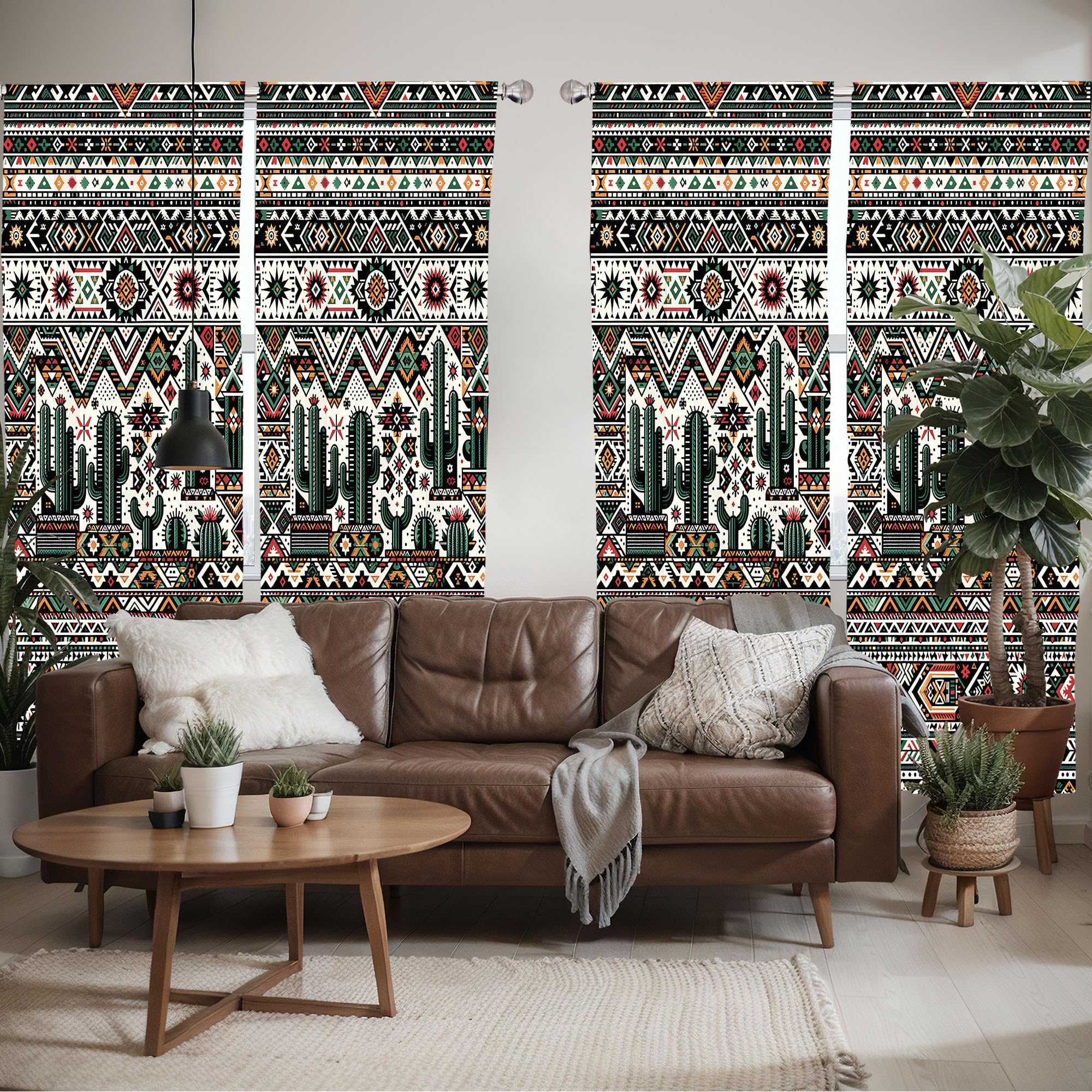 Ambesonne Mexican Window Curtains Pack Of 2, American Traditional Art Cactus With Traditional Aztec Chevron Details, Lightweight