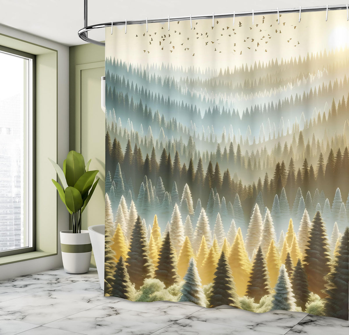 Ambesonne Yellow Shower Curtain, Fantasy Sunrise Scenario Of Forest Trees With Mountains And Birds, Cloth Fabric Bathroom Decor