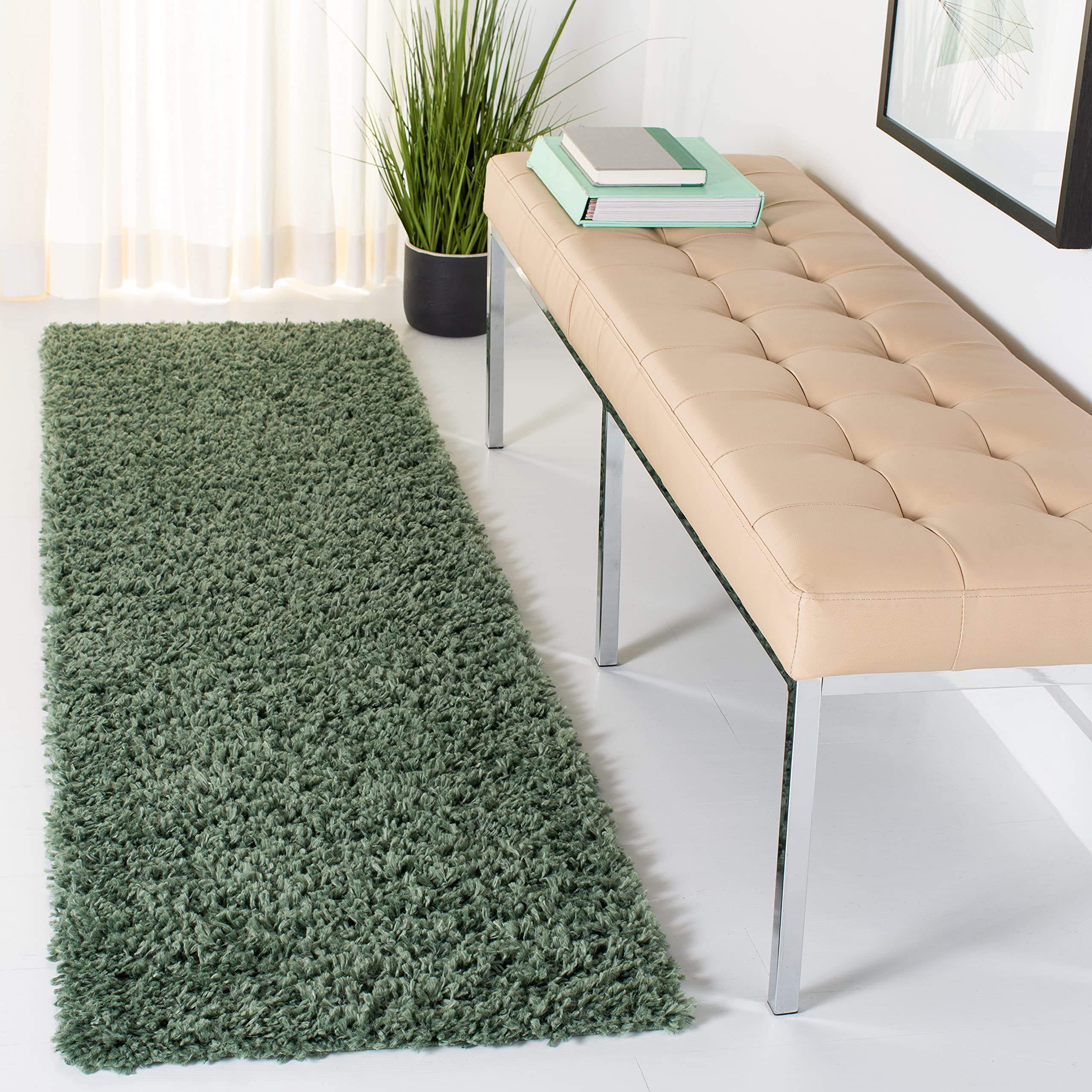 SAFAVIEH August Shag Collection Runner Rug - 2 x 15, Green, Solid Design, Non-Shedding & Easy Care, 1.5-inch Thick Ideal for H