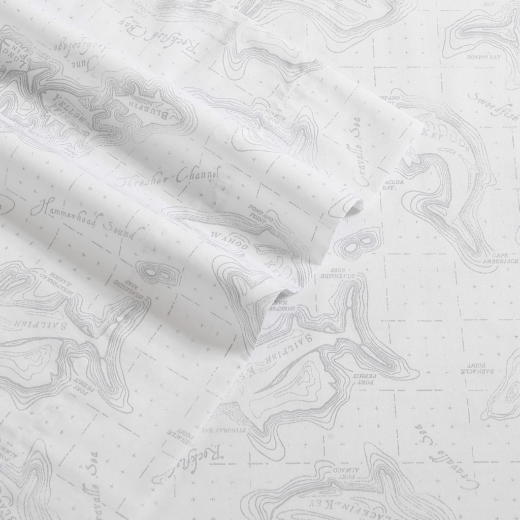 Eddie Bauer Home Sheets Cotton Percale Bedding Set, Crisp & Cool, Stylish Home Decor, Full, Fish Atol White/Grey