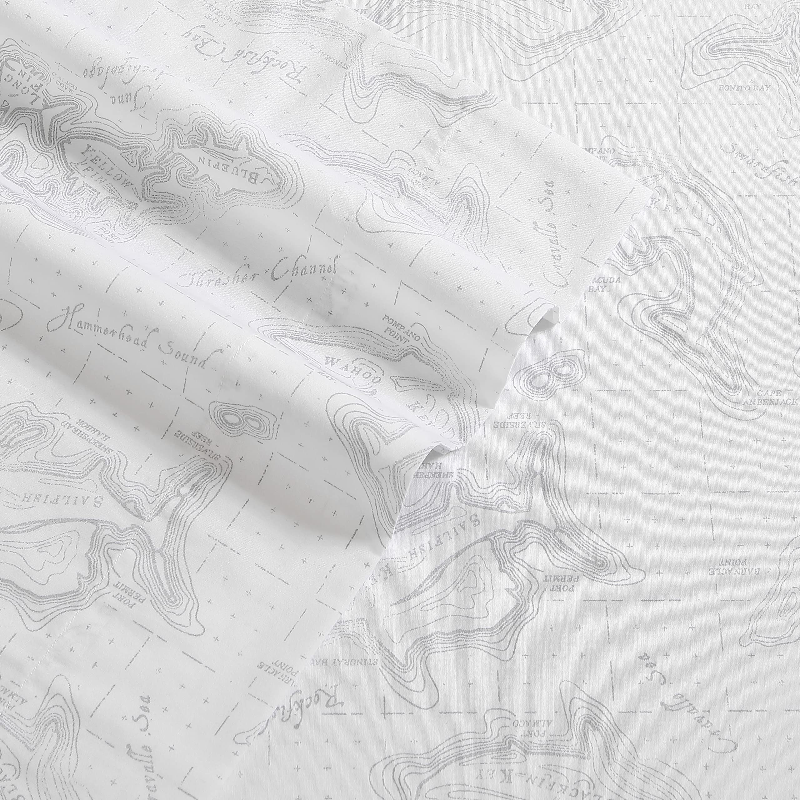 Eddie Bauer Home Sheets Cotton Percale Bedding Set, Crisp & Cool, Stylish Home Decor, Full, Fish Atol White/Grey