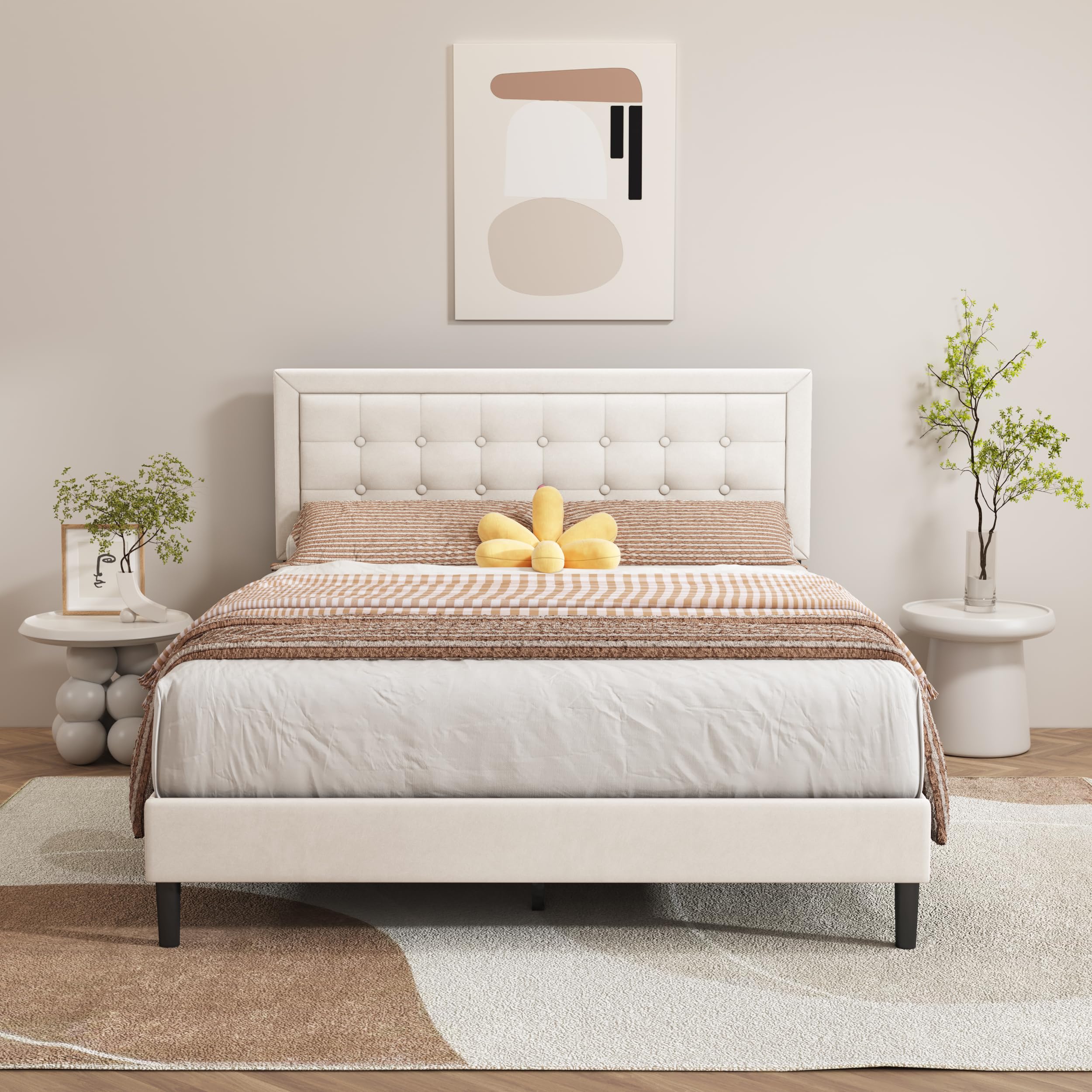 alazyhome Queen Size Beige Modern Upholstered Platform Bed Frame with Button Tufting Headboard Solid Wood Slats Support No Box S