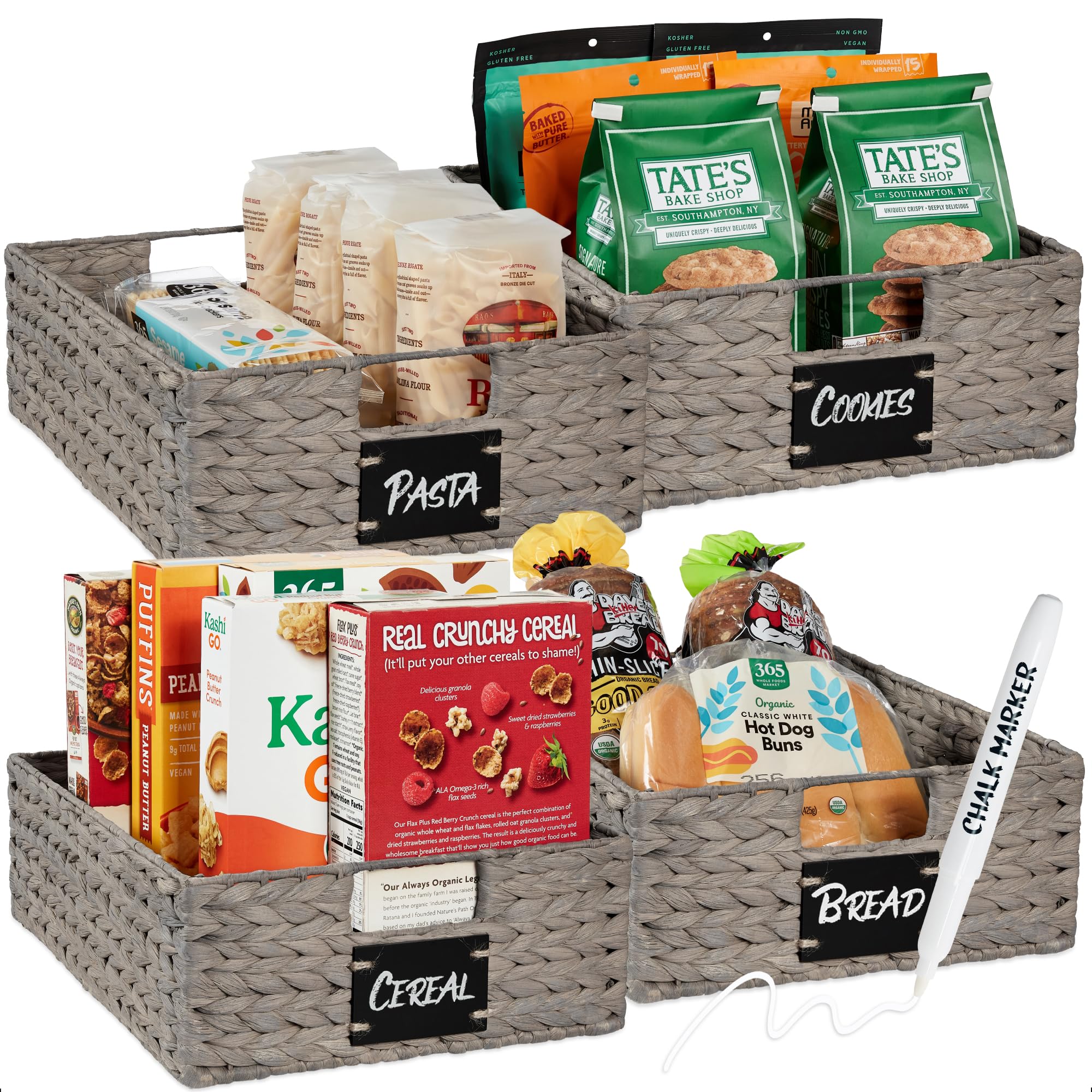 Best Choice Products Set of 4 16x12in Large Water Hyacinth Pantry Baskets, Woven Organizers w/Chalkboard Label, Chalk Marker - G