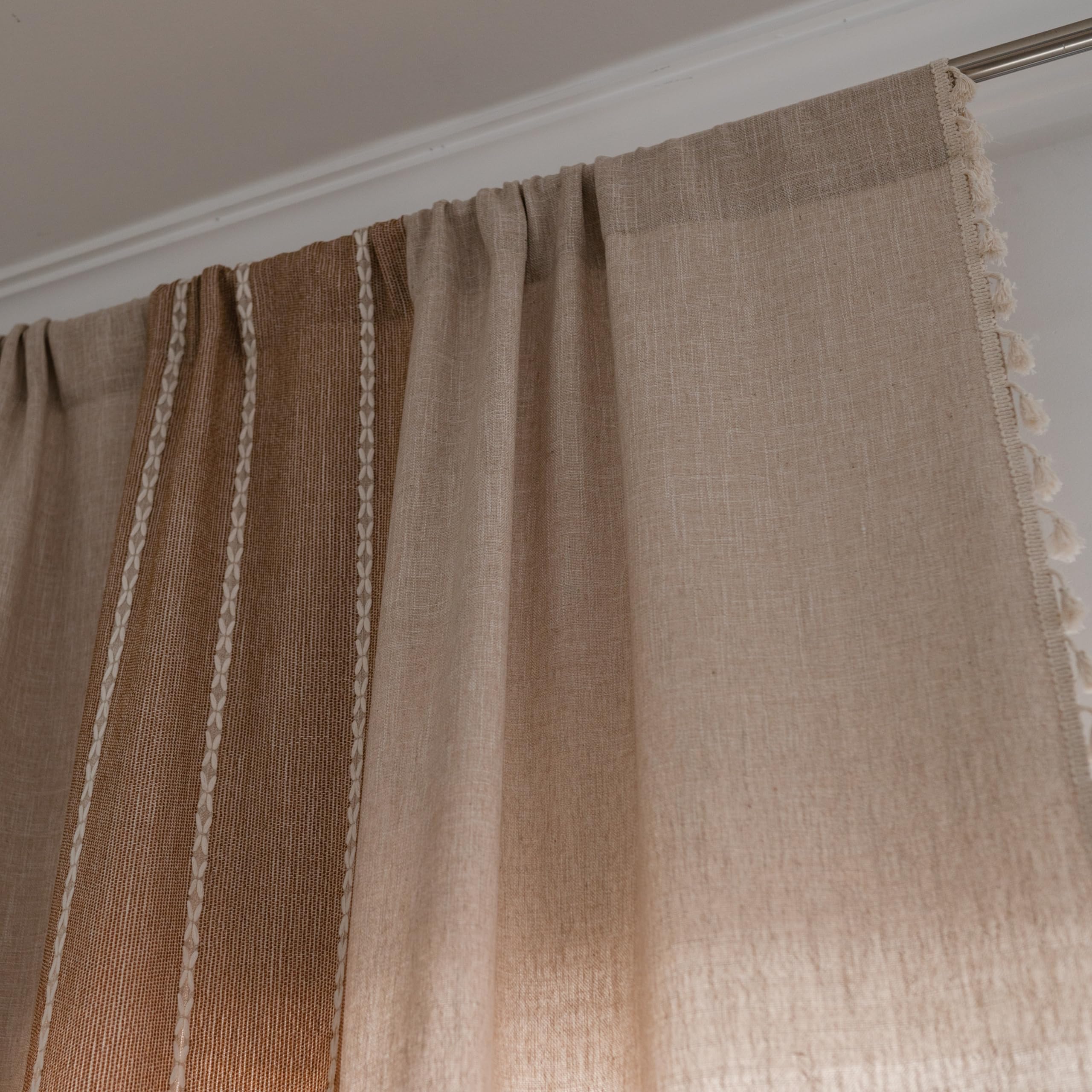 Sutuo Home Boho Curtains For Bedroom Living Room, Semi Blackout Linen Striped Farmhouse Vintage Tassels Window Treatment Bohemian Embroidery Drape, Rod Pocket 1 Panel 52' W X 120' L, Coffee Linen