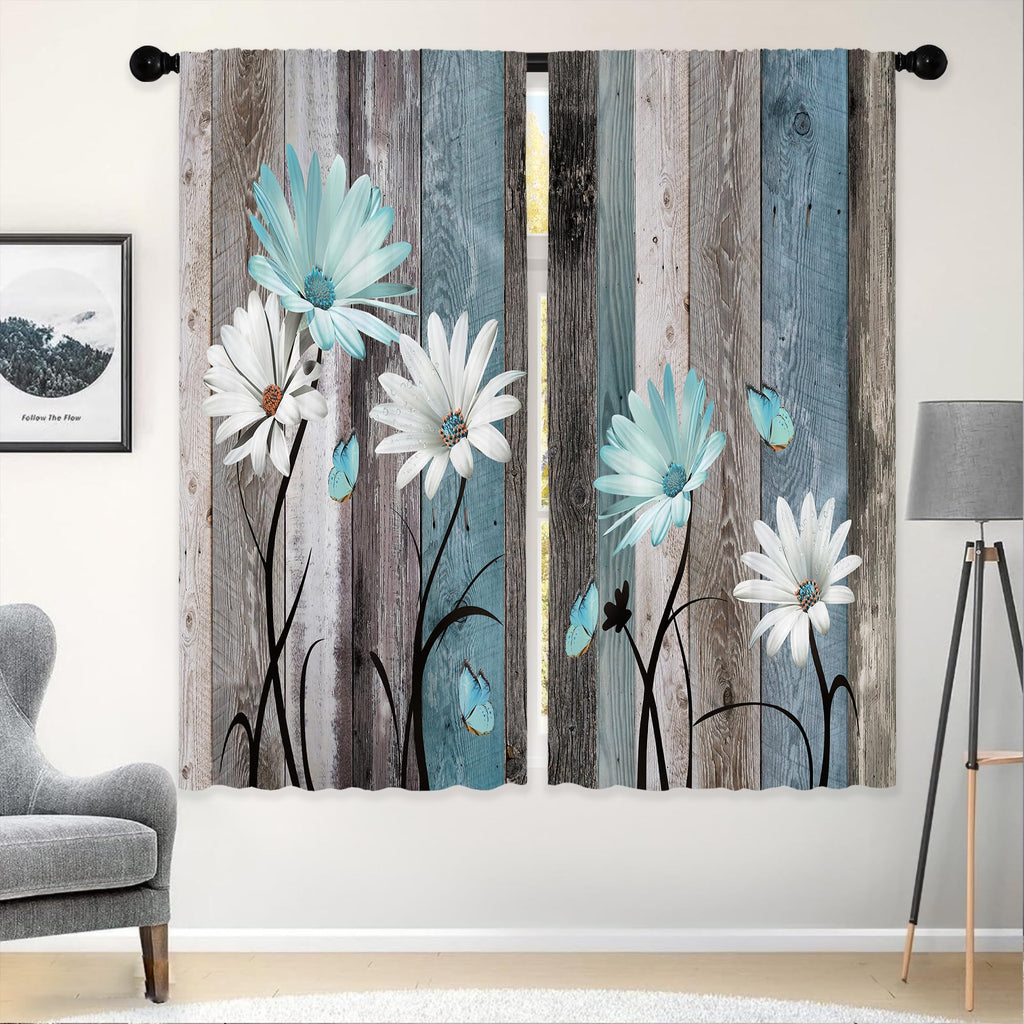 Laifzere Teal Farmhouse Daisy Curtains, Wooden Flower Window Curtains 29X63 Inch For Bedroom Living Room Decor, Rustic Floral Bu