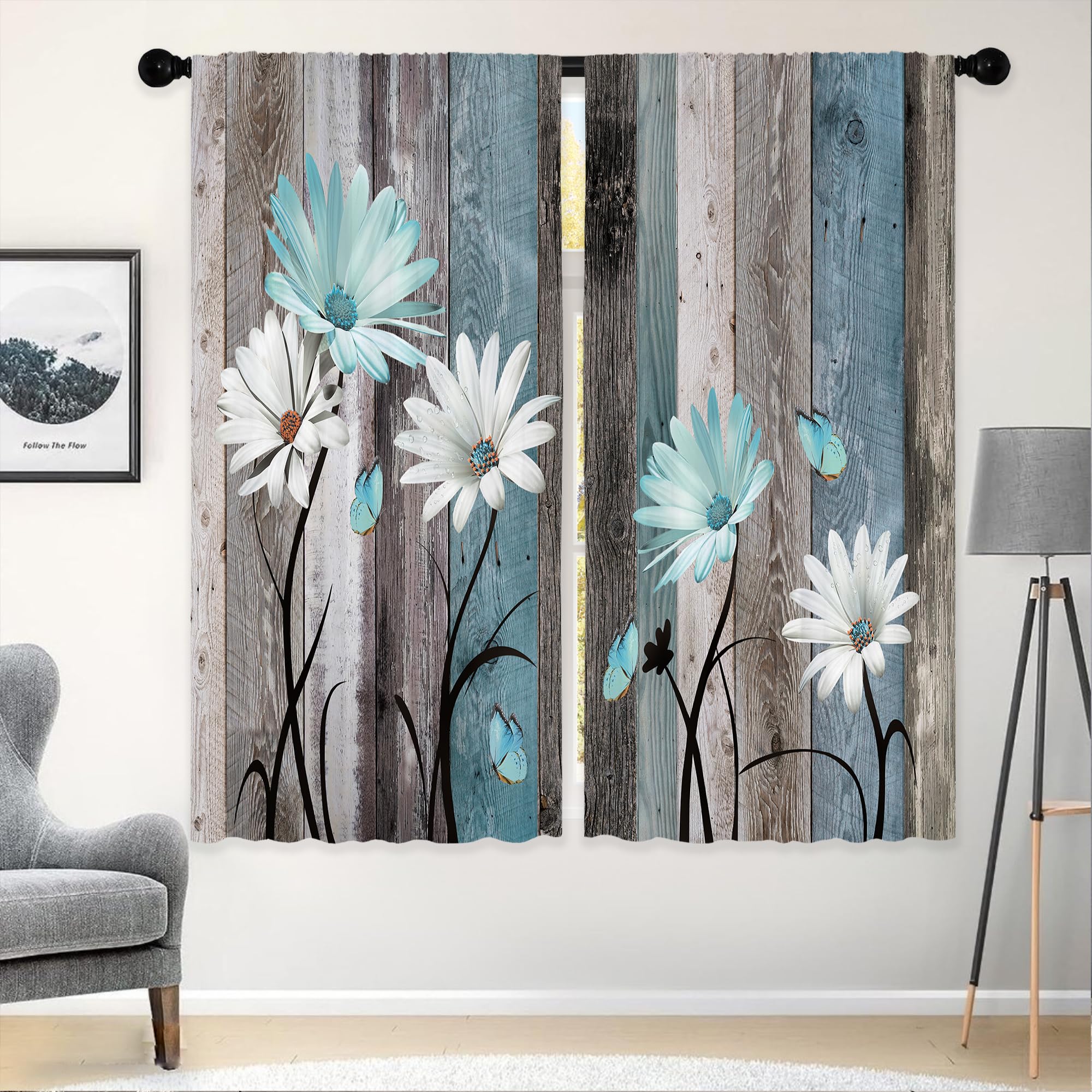 Laifzere Teal Farmhouse Daisy Curtains, Wooden Flower Window Curtains 29X63 Inch For Bedroom Living Room Decor, Rustic Floral Bu