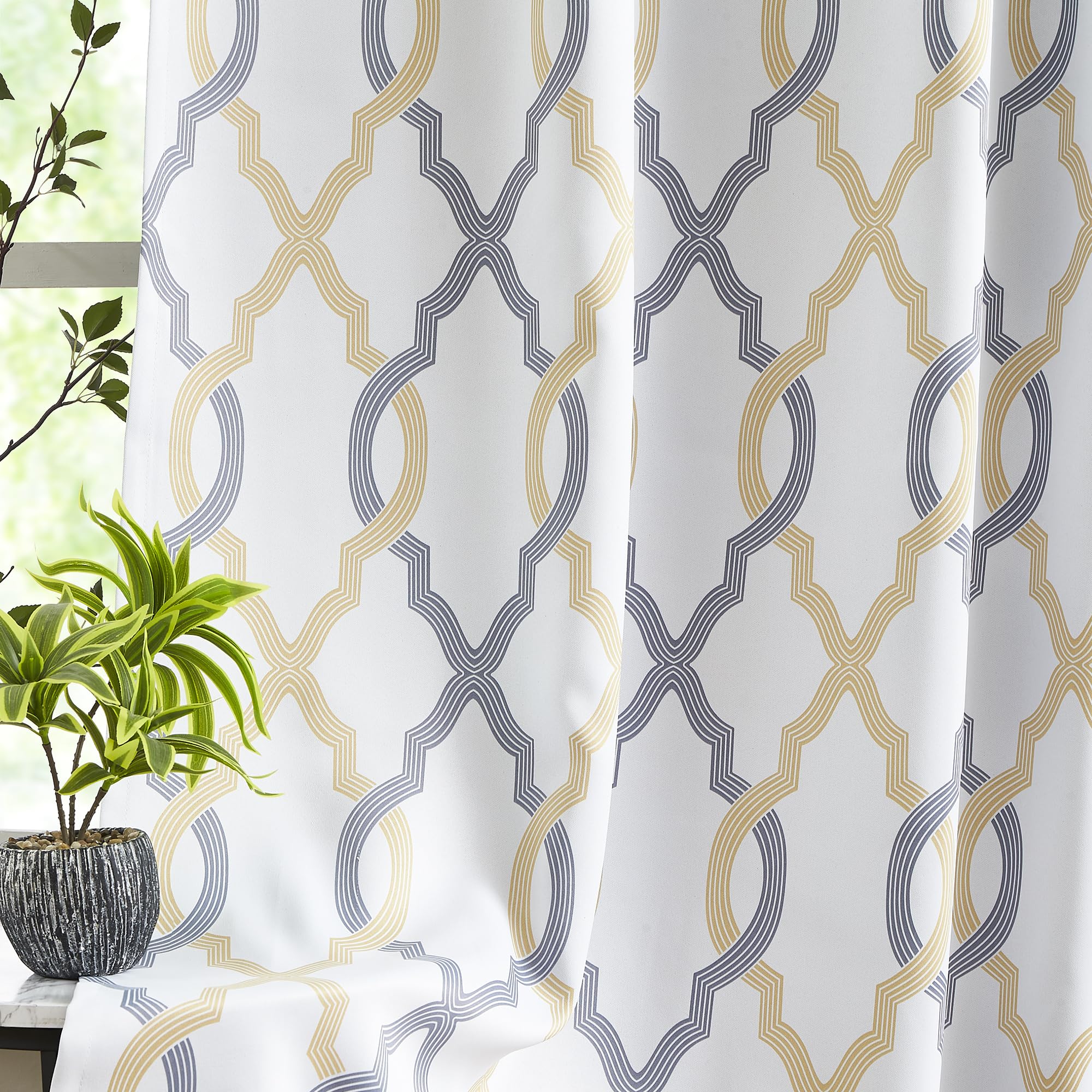 Ugoutry Yellow Grey Moroccan Full Blackout Curtains 95 Inch Length, Thermal Insulated Grommet Window Treatments For Living Room,