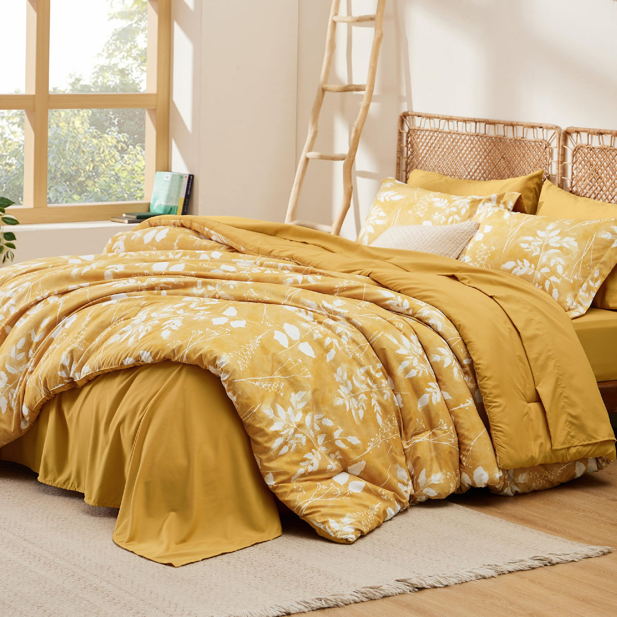 Bedsure Yellow Queen Comforter Set - 7 Pieces Floral Bedding Sets Queen Bed In A Bag With Reversible Botanical Flowers Comforter, Sheets, Pillowcases & Shams