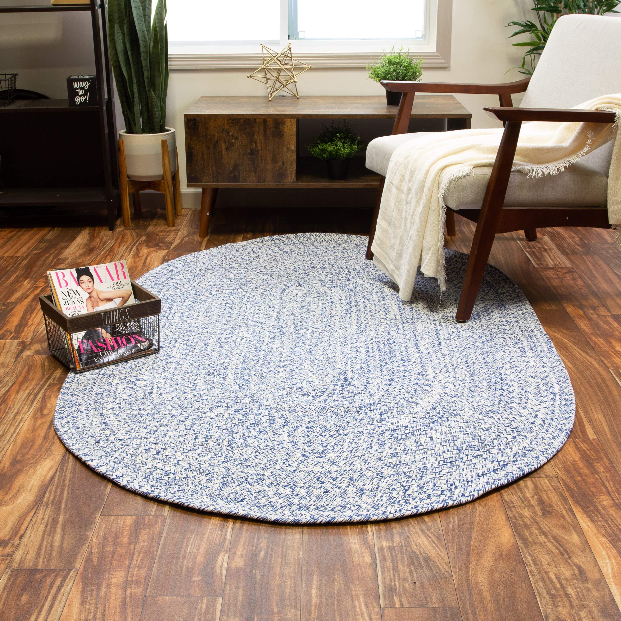 Super Area Rugs Farmhouse Braided Rug Cotton Kitchen Reversible Carpet, Blue & White, 4 X 6 Oval