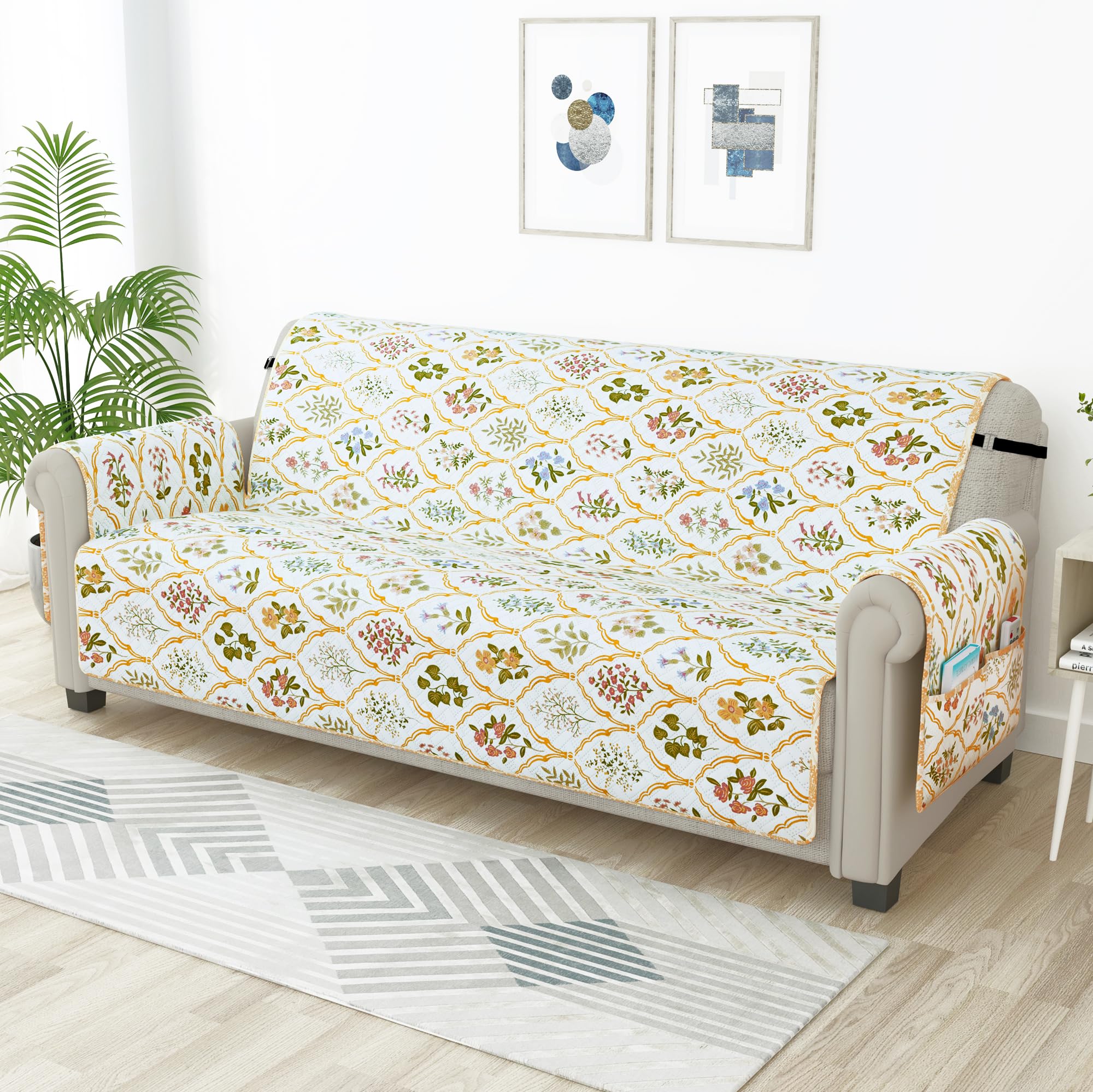 Story@Home Quilted Sofa Cover 4 Seater Fully Covered Microfiber Sofa Cover 4 Seater 175 X 220 Cm Beige & Green Floral Motif Desi