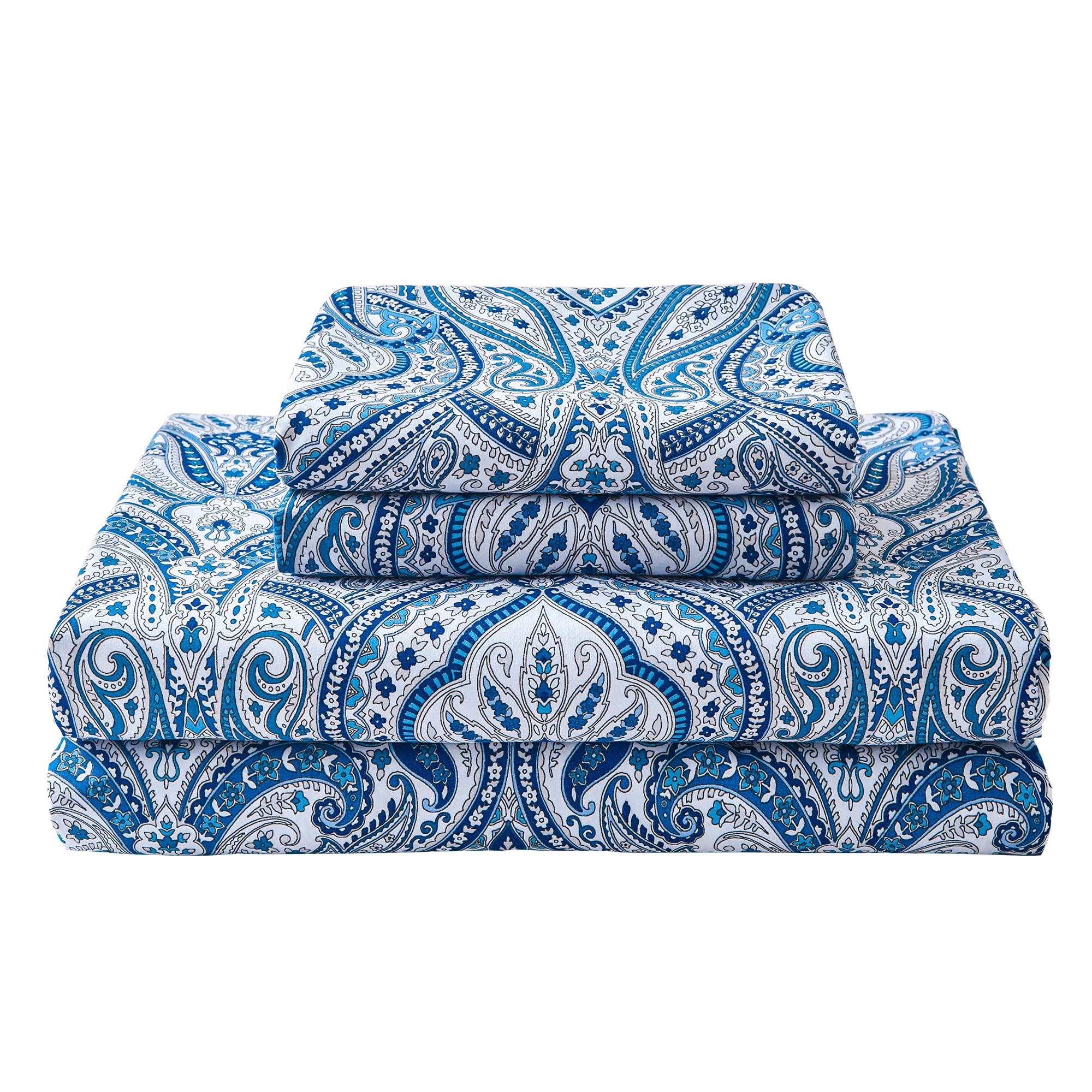 Blue Paisley Printed Bed Sheets Queen Size, Floral Sheet Set Queen, Brushed Microfiber Fitted Sheet With 15'' Deep Pocket, Flowe