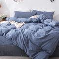 Moomee Bedding Duvet Cover Set 100% Washed Cotton Linen Like Textured Breathable Durable Soft Comfy (Blue, Oversized Queen)