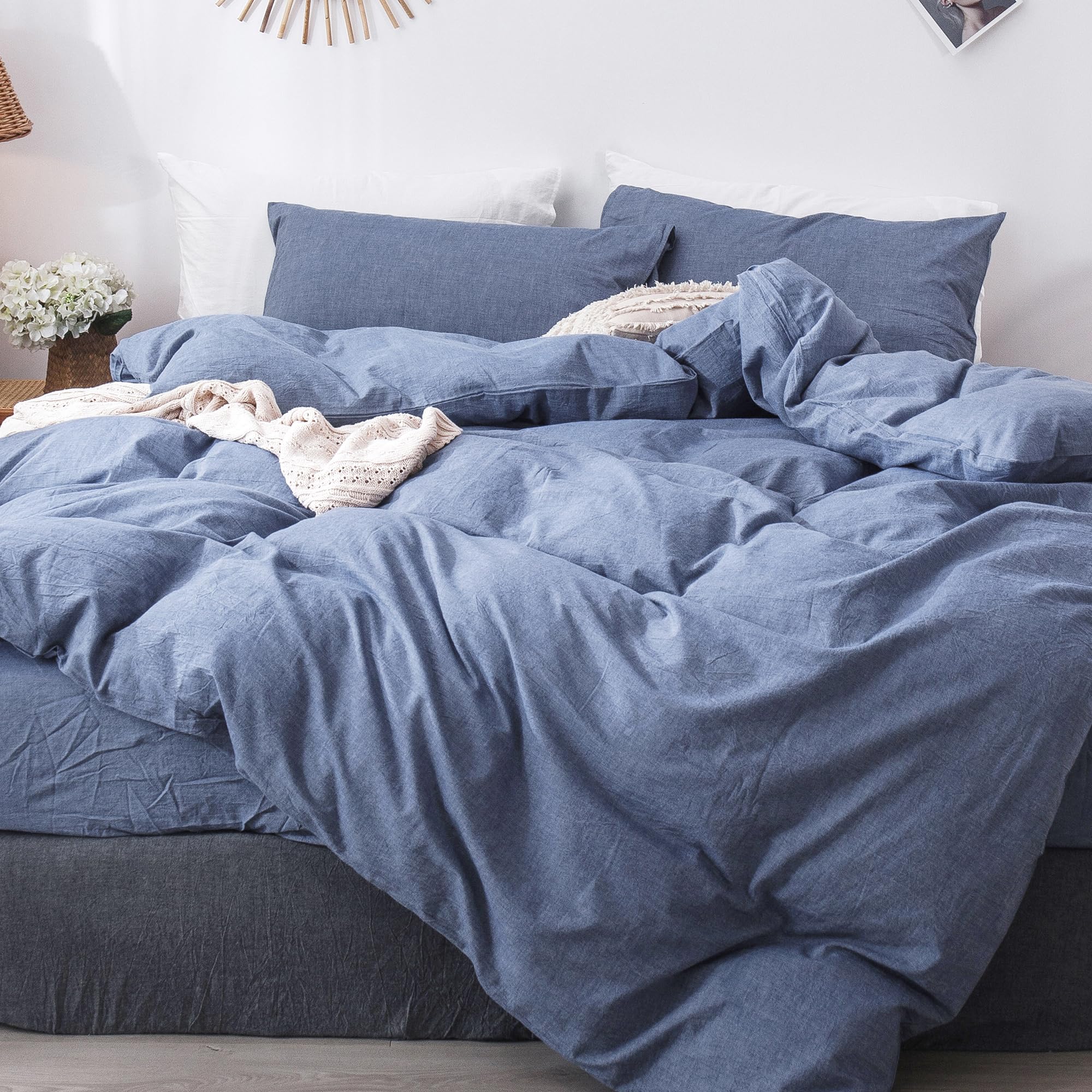 Moomee Bedding Duvet Cover Set 100% Washed Cotton Linen Like Textured Breathable Durable Soft Comfy (Blue, Oversized Queen)
