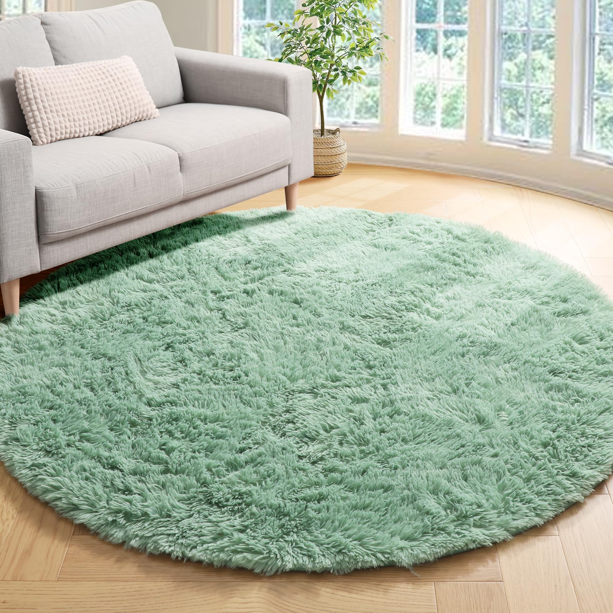 ONASAR Sage Green Round Area Rug 4ft, Soft Bedroom Circle Rugs for Kids Girls Teen Room, Cute Furry Plush Shaggy Carpet for Baby