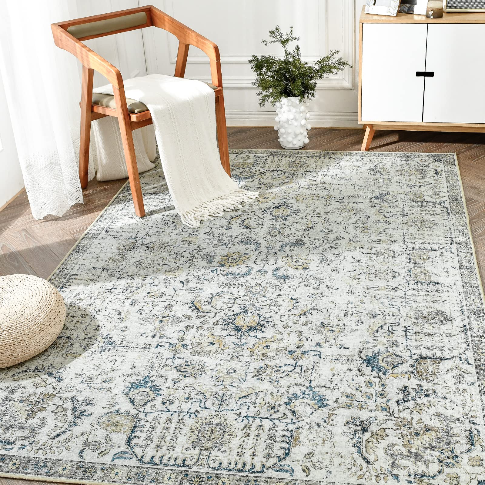 jinchan Area Rug 5x7 Washable Rug Vintage Rug Indoor Thin Rug Retro Accent Rug Distressed Carpet Blue Multi Floral Print Mat Cou