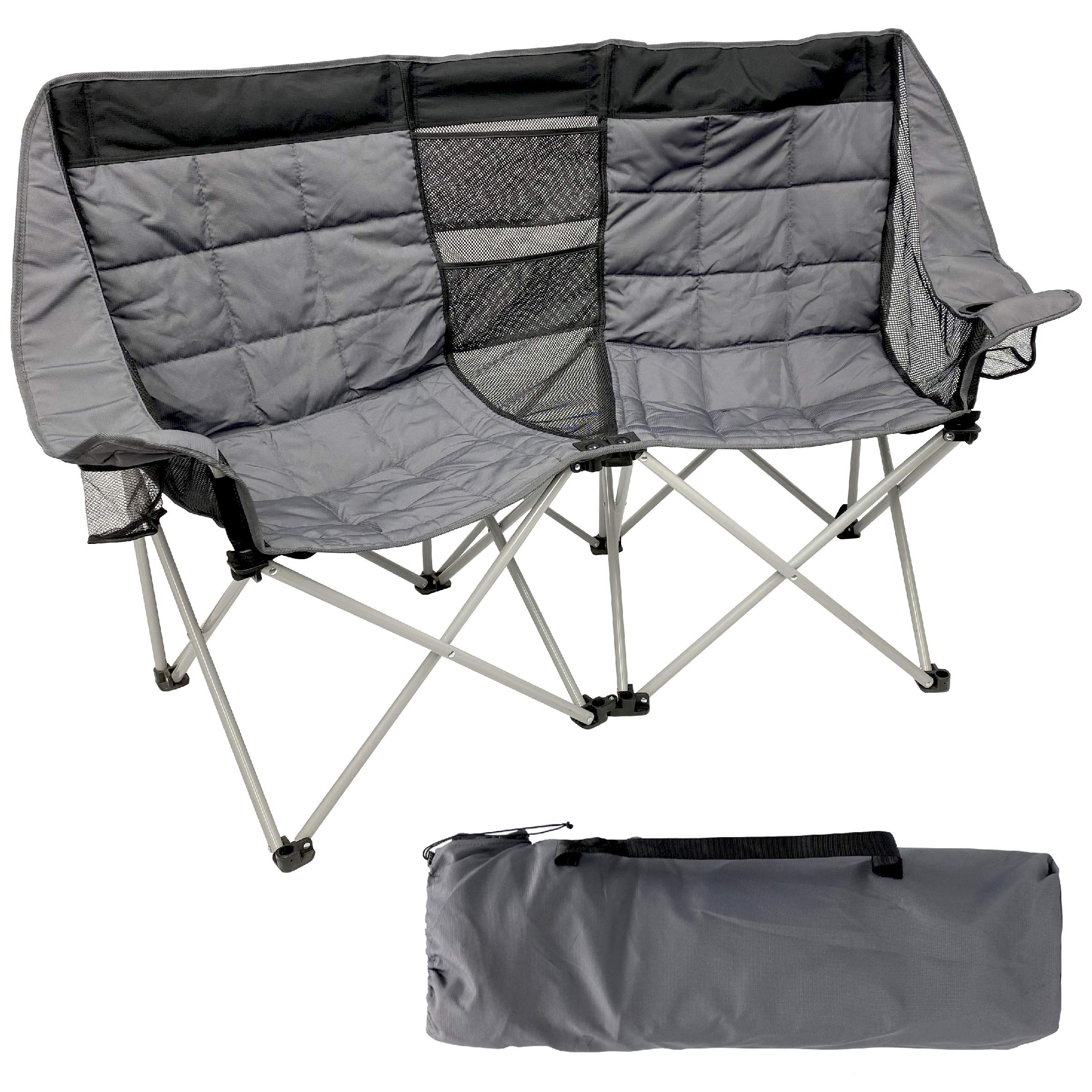 Easygo Product Camping Chair - Double Love Seat Heavy Duty Oversized - Folds Easily And Is Padded, Black Grey