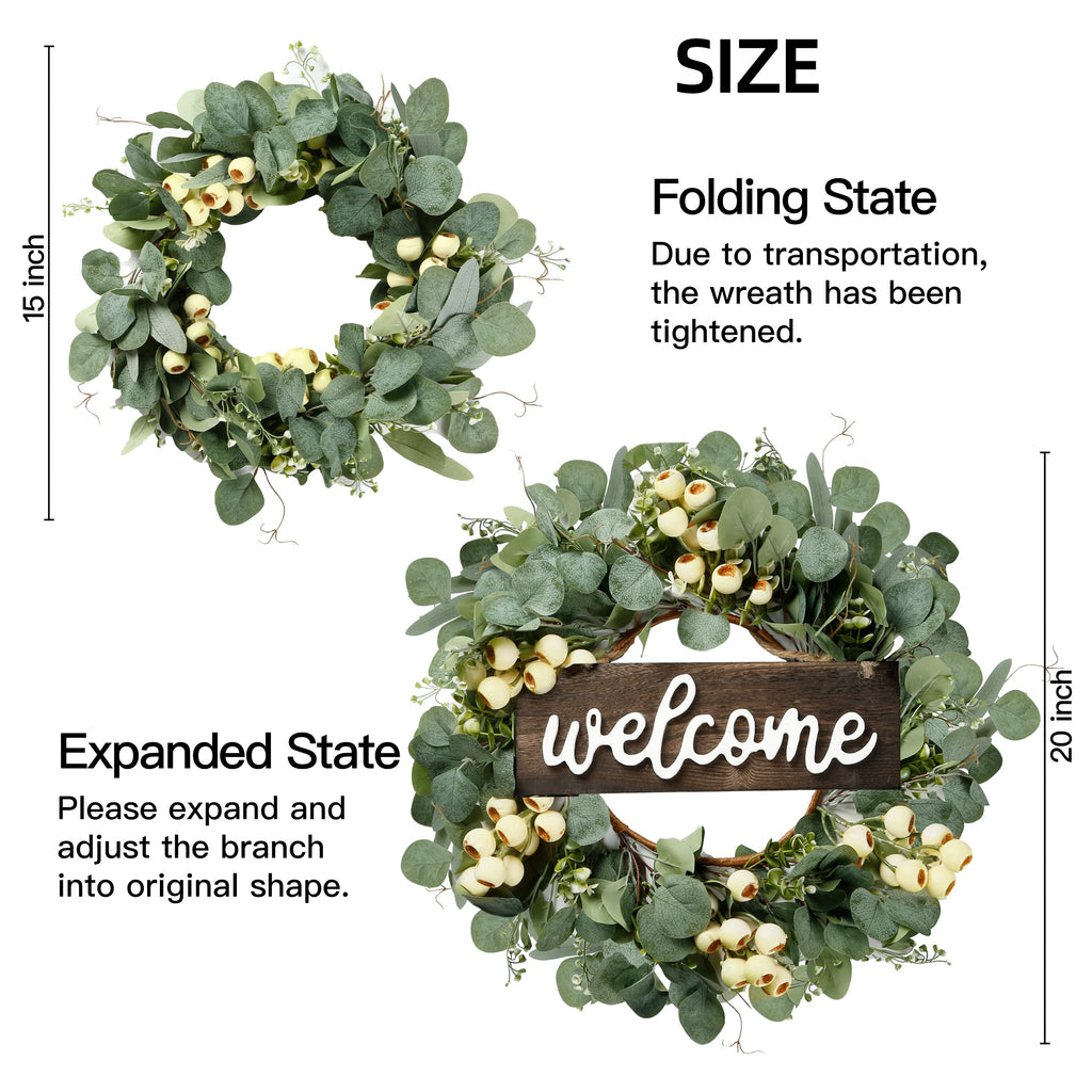 Sggvecsy Green Artificial Eucalyptus Wreath With Welcome Sign 20In Spring Summer Wreath With White Berries For Front Door Wall W