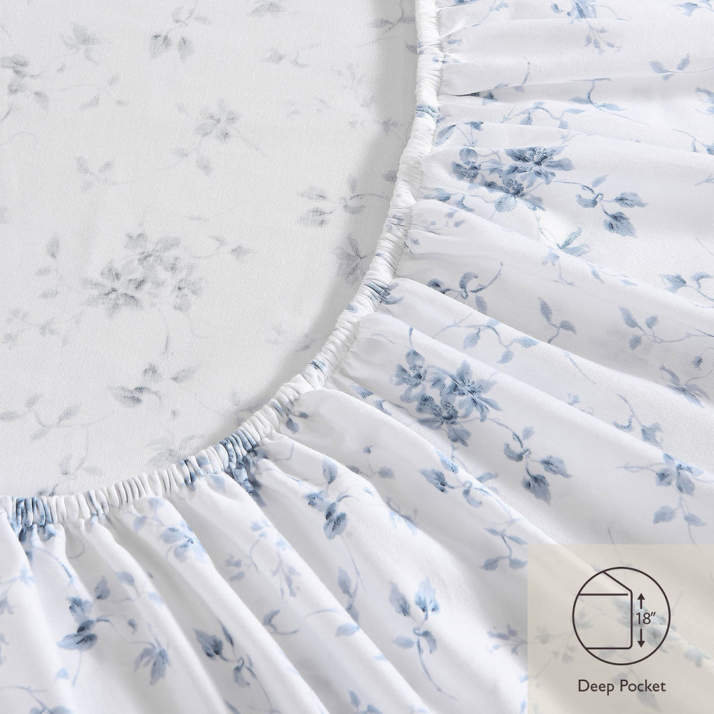 Laura Ashley Home - Queen Sheets, Soft Sateen Cotton Bedding Set - Sleek, Smooth, & Breathable Home Decor (Garden Muse Blue, 4 Pieces, Queen)