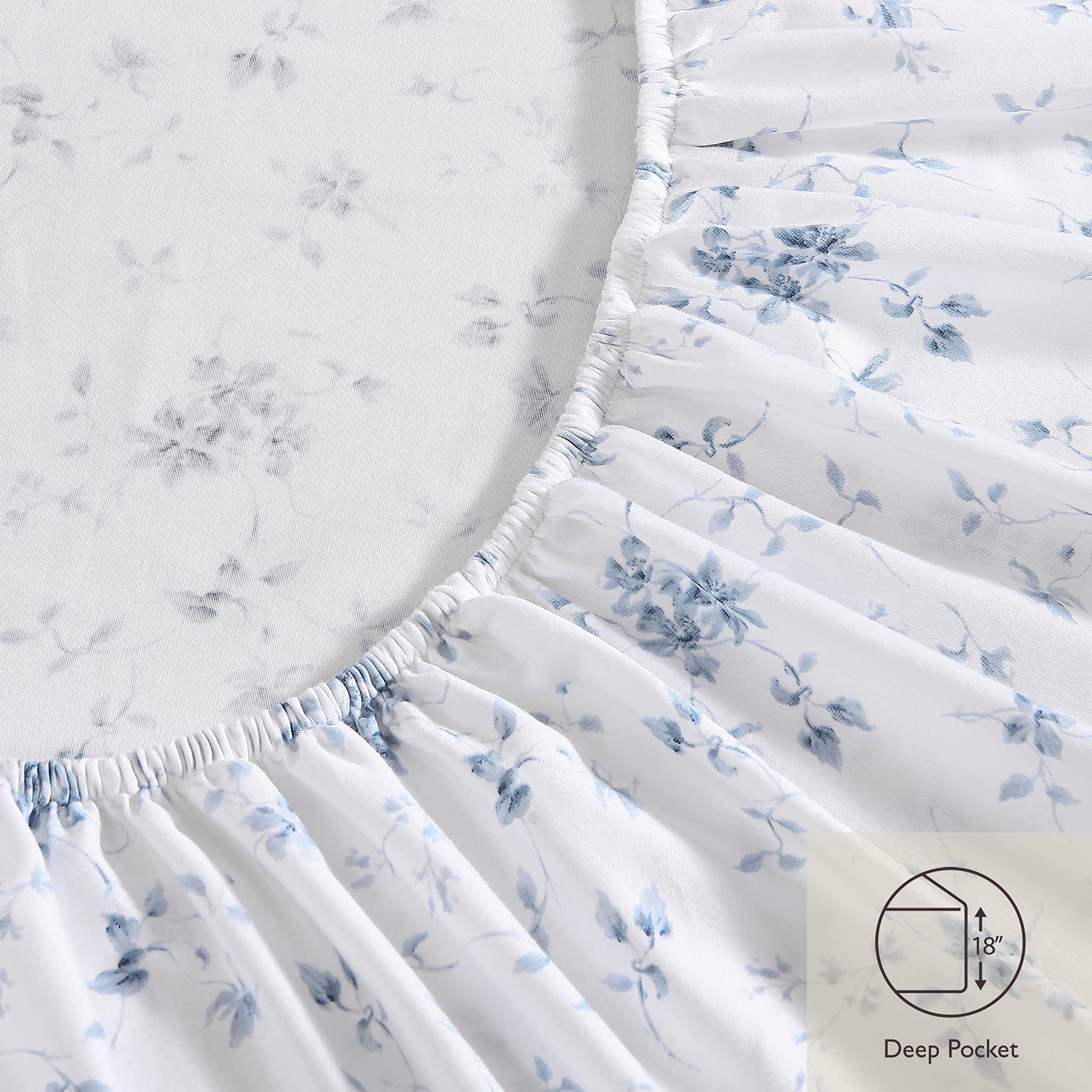 Laura Ashley Home - Queen Sheets, Soft Sateen Cotton Bedding Set - Sleek, Smooth, & Breathable Home Decor (Garden Muse Blue, 4 Pieces, Queen)