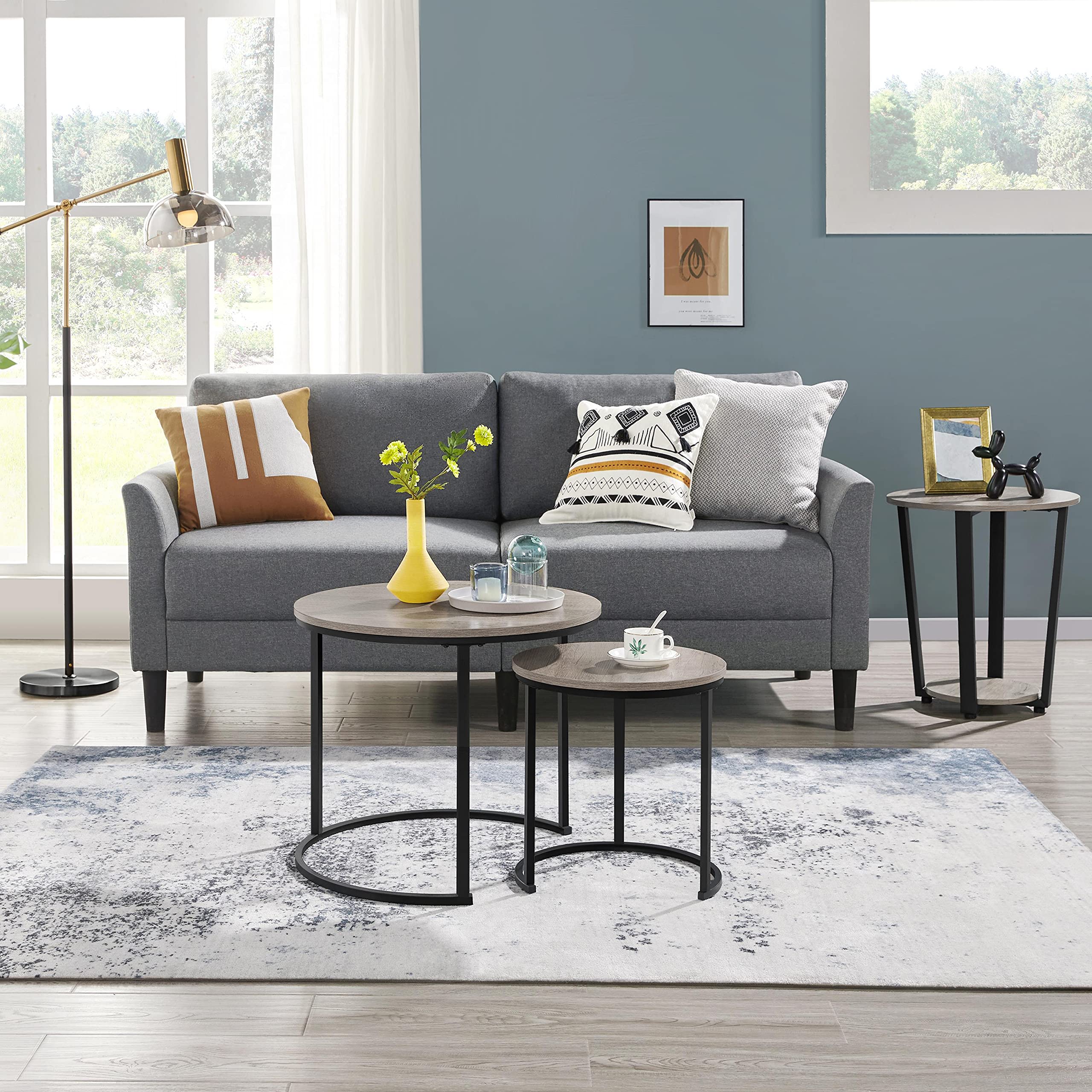 Yaheetech Nesting Coffee Table Set Of 2, Nesting Table, Rustic Stacking Side Tables, Nesting End Table Set W/Round Wooden Tabletop And Sturdy Metal Base For Living Room,Small Space, Gray