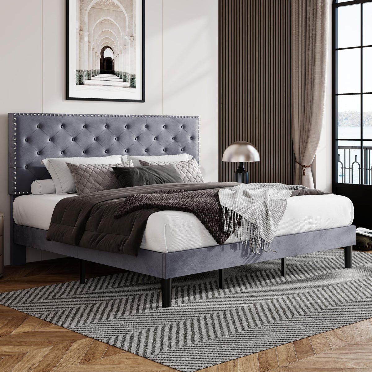 Allewie King Size Velvet Upholstered Platform Bed Frame With Adjustable Diamond Button Tufted And Nailhead Trim Headboard, Wood Slat Support, Easy Assembly, No Box Spring Needed, Light Grey