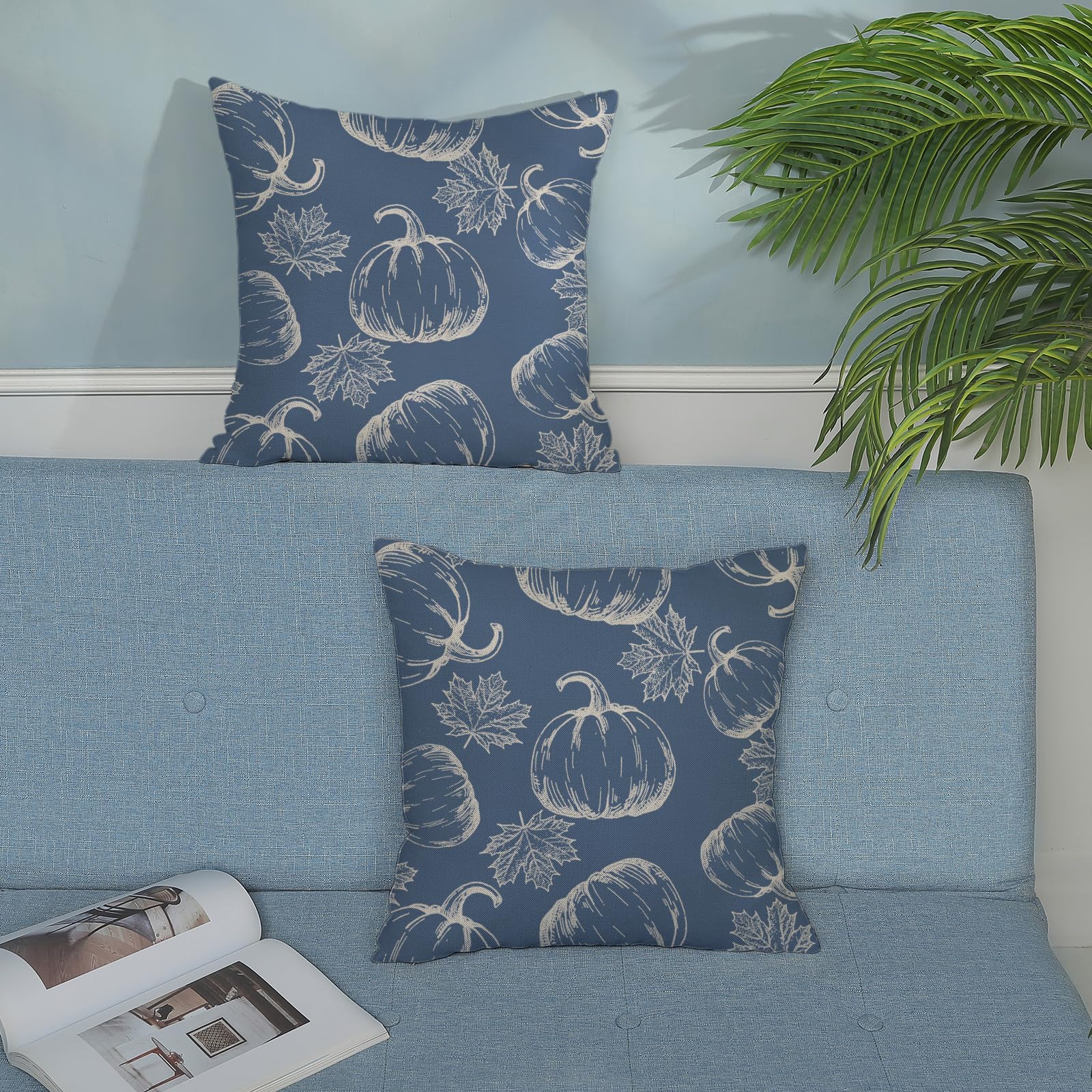 Fall Pillow Covers 18X18 Navy Blue Cream Pumpkin Decor Throw Pillows Case For Couch Maple Leaves Autumn Harvest Thanksgiving Far
