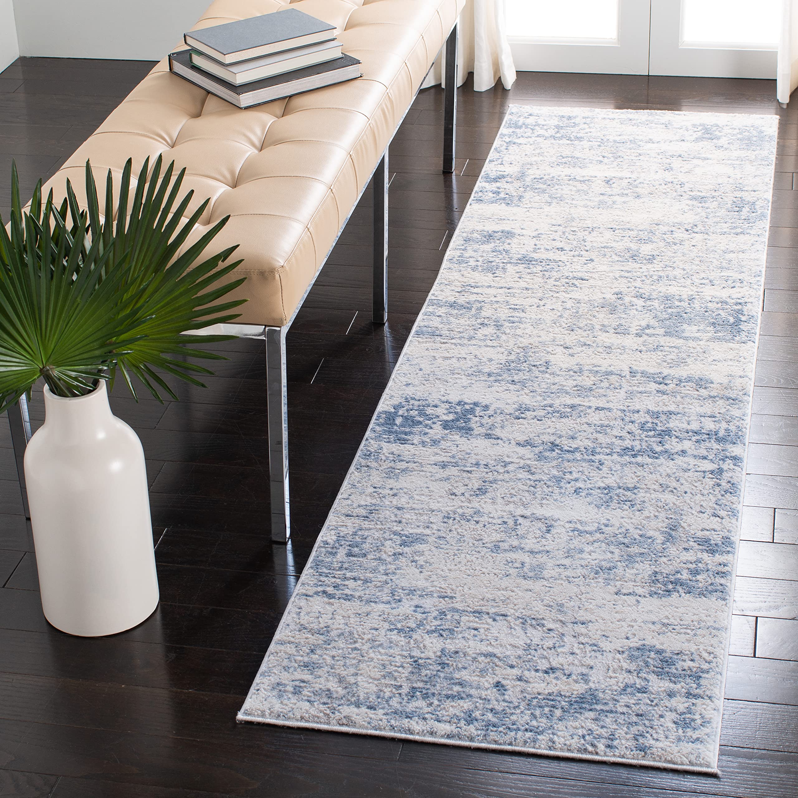 SAFAVIEH Amelia Collection Runner Rug - 2'2'' x 12', Ivory & Blue, Modern Abstract Design, Non-Shedding & Easy Care, Ideal for H