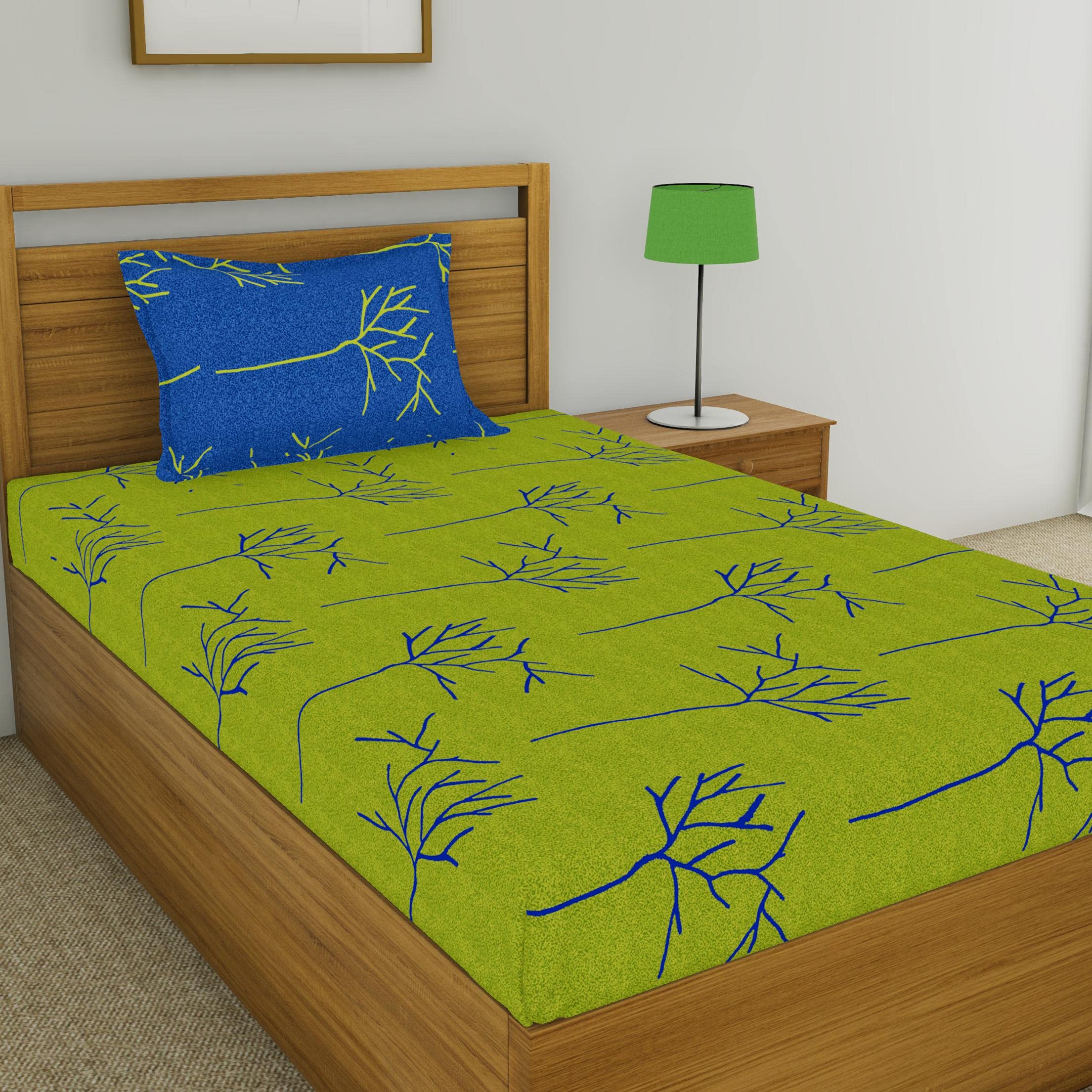 Huesland By Ahmedabad Cotton 144 Tc Cotton Single Bedsheet With 1 Pillow Cover  Green & Blue
