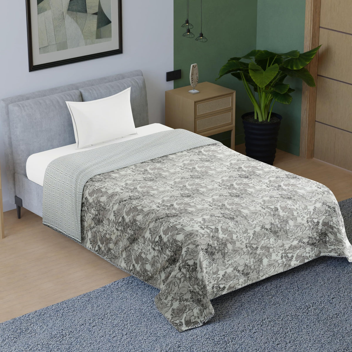 BENAVJI Pure Cotton 150 GSM Reversible Soft Lightweight Printed Single Bed Blanket/AC Dohar/Skin Friendly Dohar Size 56X84 Silve