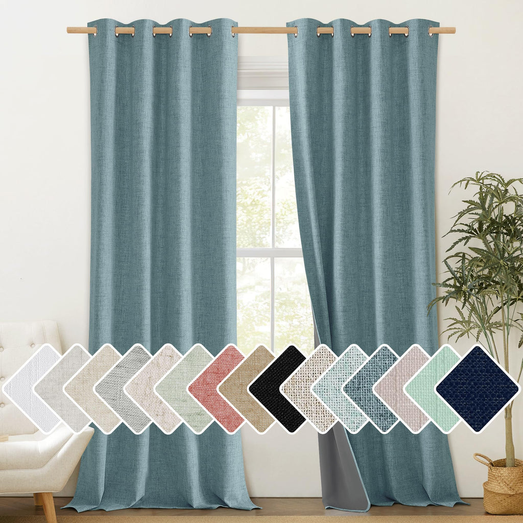 Nicetown 100% Absolutely Blackout Linen Curtains With Thermal Insulated White Liner, Skylark Blue, 52 Inches Wide, 90 Inches Length Energy Saving Curtains For Living Room 2 Panels Set, Vertical Blinds