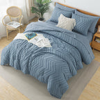 Litanika Grayish Blue Full Size Comforter Set With Sheets - 7 Pieces Bed In A Bag Full Chevron Tufted Complete Beddding Sets Wit