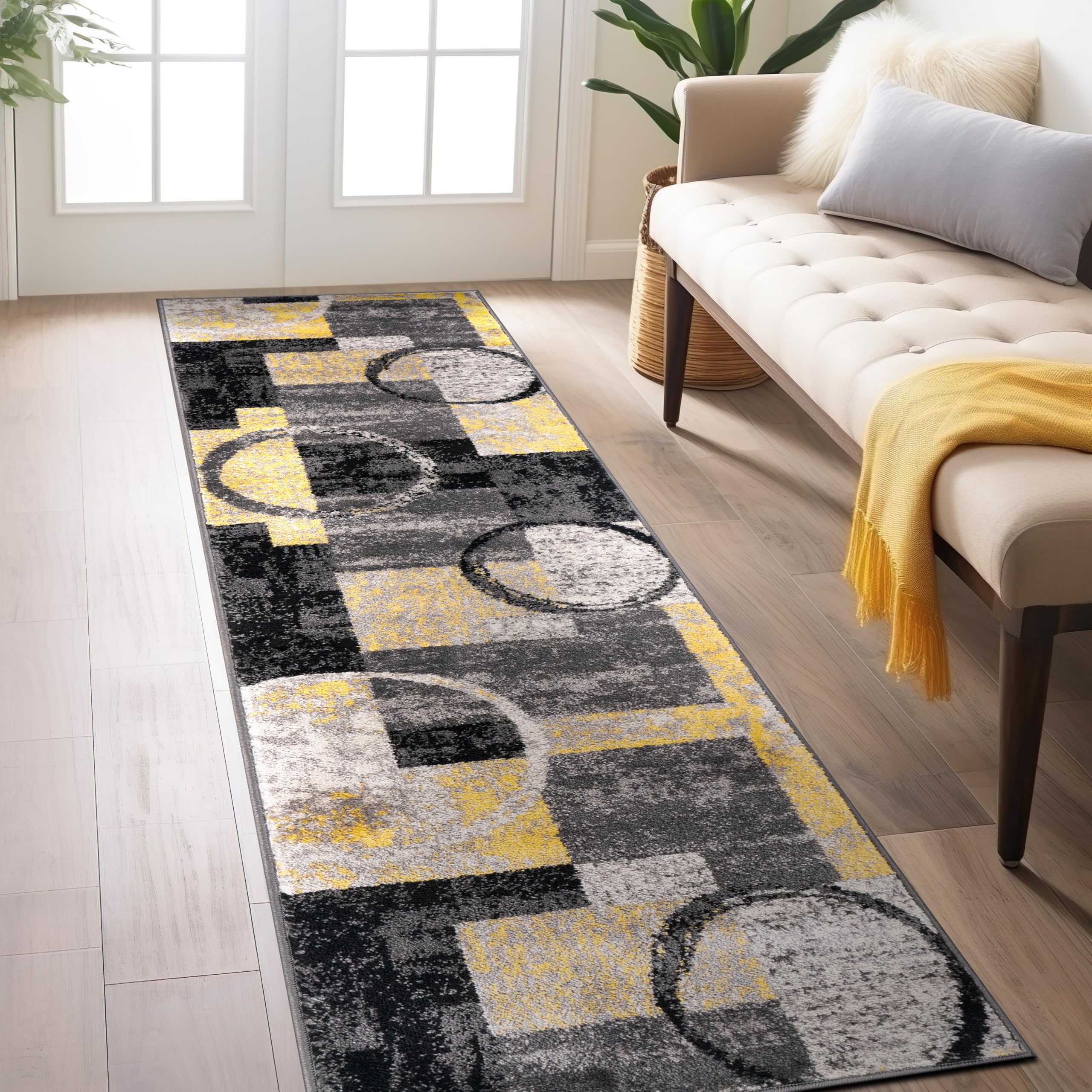Rugshop Contemporary Abstract Circle Design Soft Runner Rug 2' x 10' Yellow