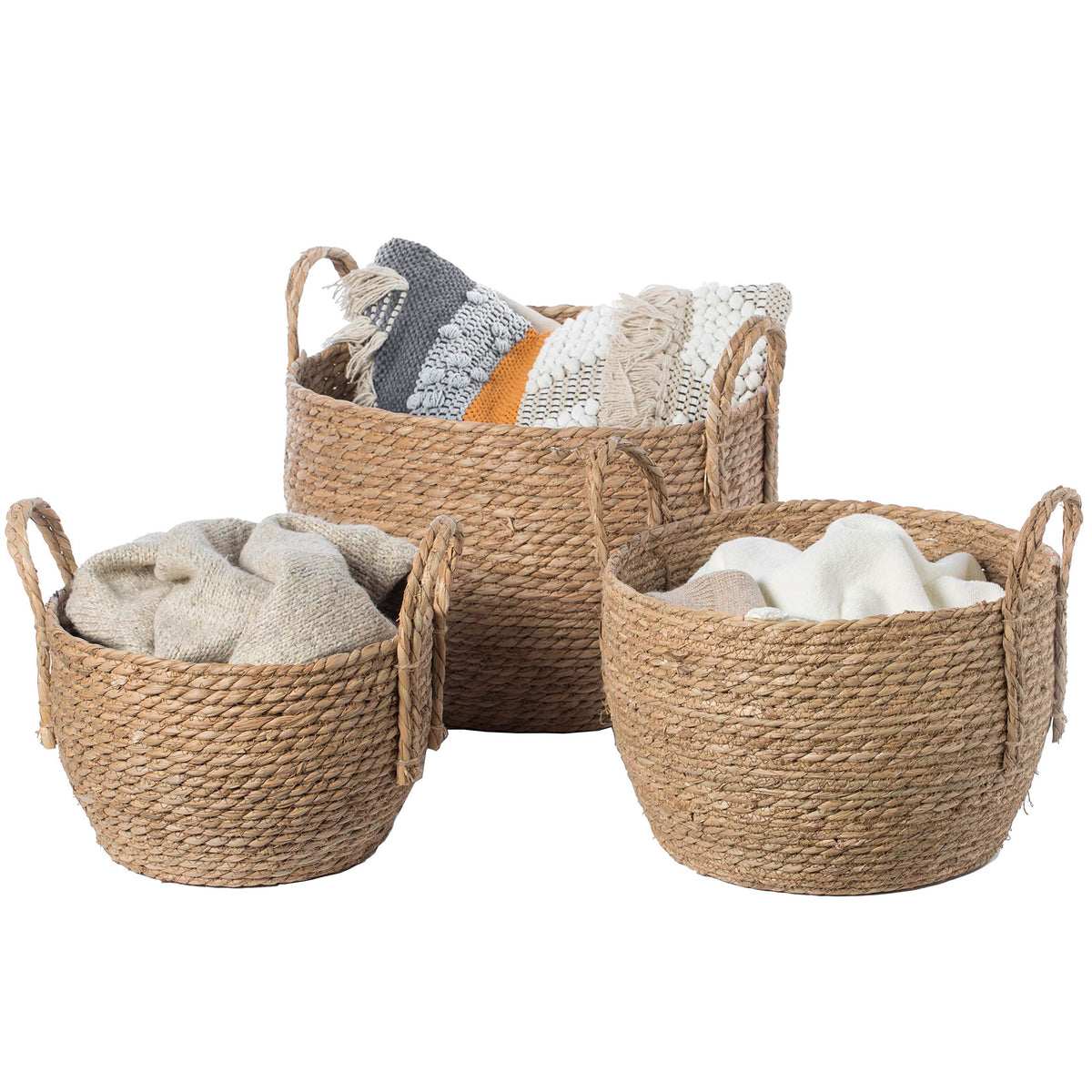 Vintiquewise Decorative Round Wicker Woven Rope Storage Blanket Basket With Braided Handles  Set Of 3