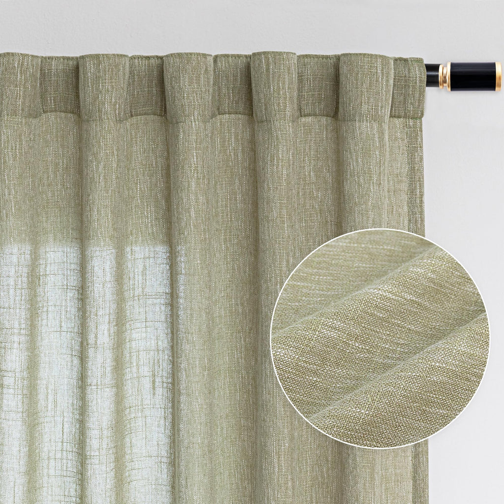 Mysky Home Patio Sage Curtains For Sliding Door, Living Room Curtains & Drapes Soft Farmhouse Window Treatments 90 Inch Length 2 Panels Set Linen Look Semi Sheer Draperies, 50' W X 90' L, Sage Green