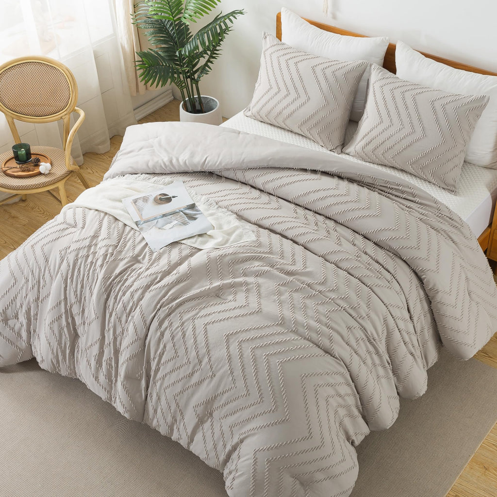 Litanika Linen California King Comforter Set, 3 Pieces Cal King Oversized Chevron Tufted Boho Bedding Comforter Sets, Fluffy Bed