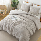 Litanika Linen California King Comforter Set, 3 Pieces Cal King Oversized Chevron Tufted Boho Bedding Comforter Sets, Fluffy Bed