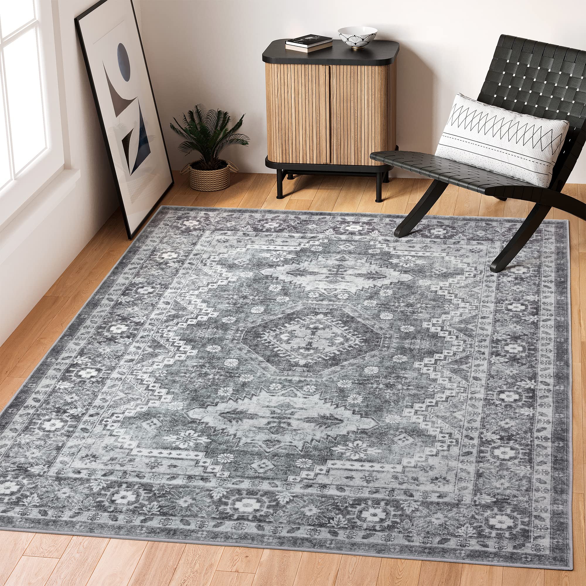 Rugland 8x10 Area Rugs - Stain Resistant Washable Rug, Anti Slip Backing Rugs for Living Room, Vintage Tribal Area Rugs(TPR07-Gr