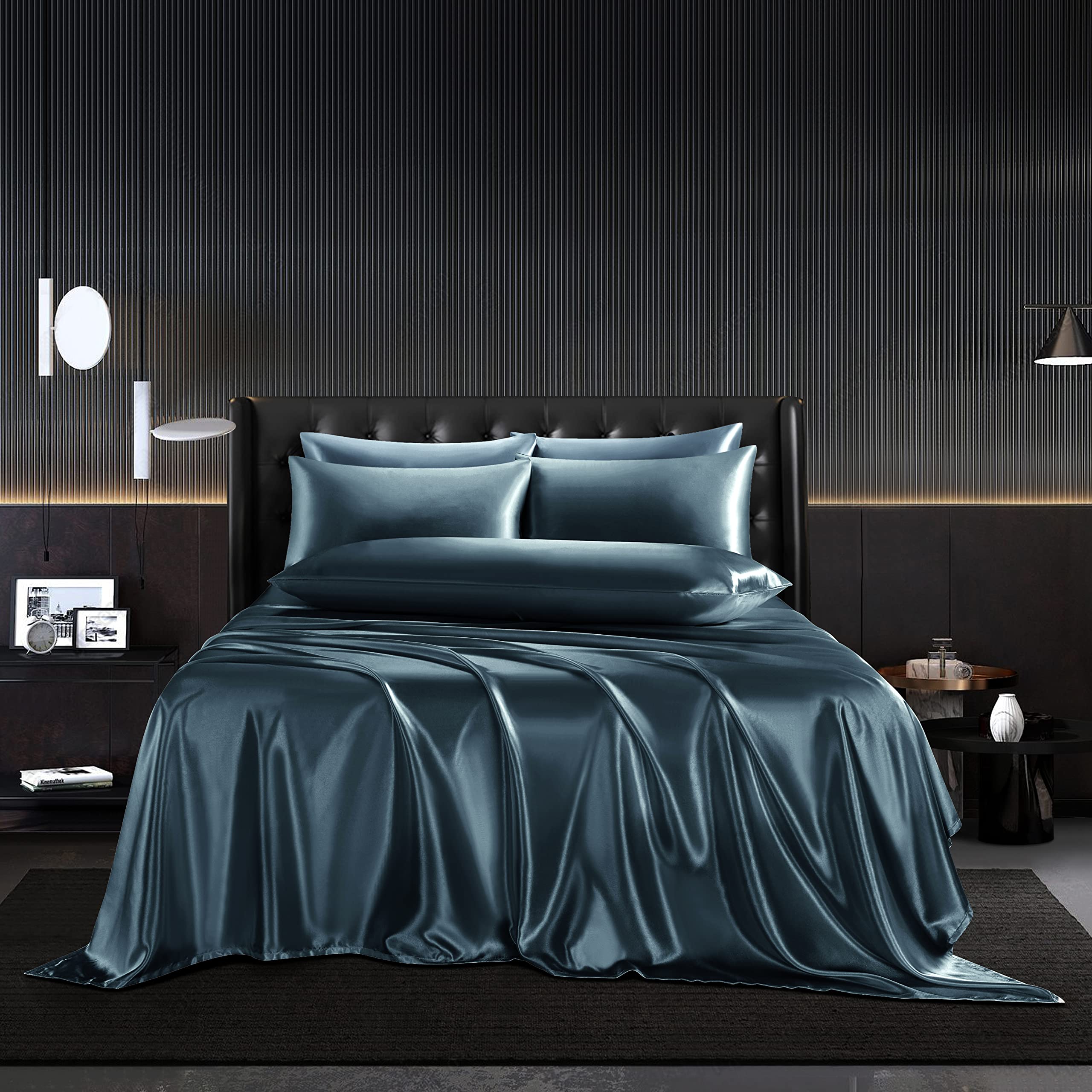 Hommxjf 5Pcs Deep Sea Blue Satin Sheets King Size Sheets Silky Comforter Bedding Sheets With 1 Satin Flat Sheet,1Deep Pocket Fit