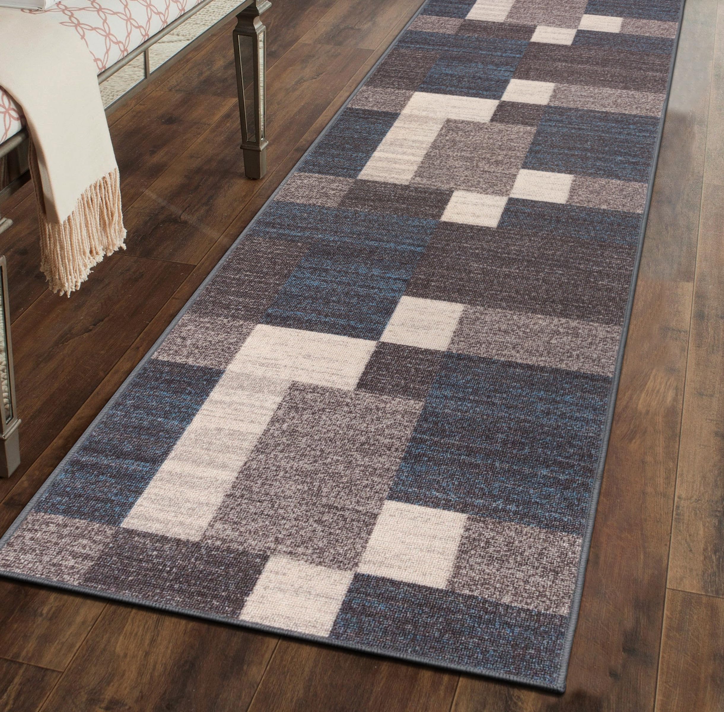 Rugshop Modern Boxes Design Non-Slip (Non-Skid) Runner Rug 27 x 8 Blue