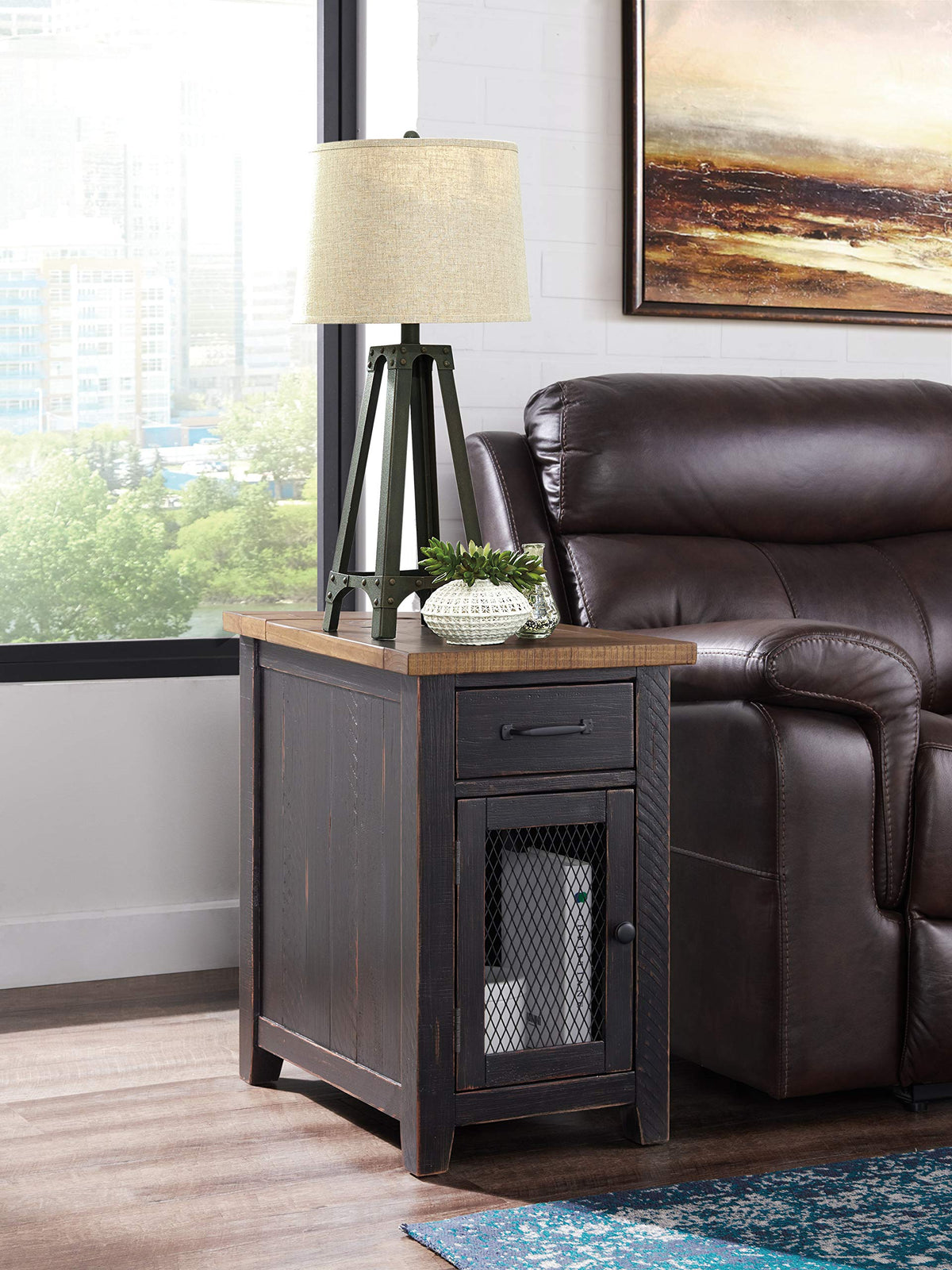 Martin Svensson Home Chairside Table - Antique Black And Honey - Rustic Style - With One Drawer And Cabinet For Storage