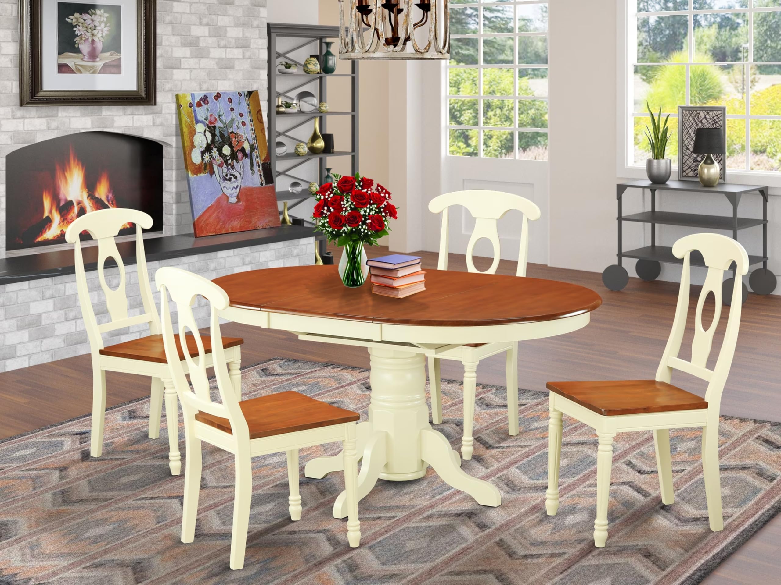 East West Furniture KENL5-WHI-W 5 Piece Modern Dining Table Set Includes an Oval Wooden Table with Butterfly Leaf and 4 Dining Room Chairs, 42x60 Inch, Buttermilk & Cherry
