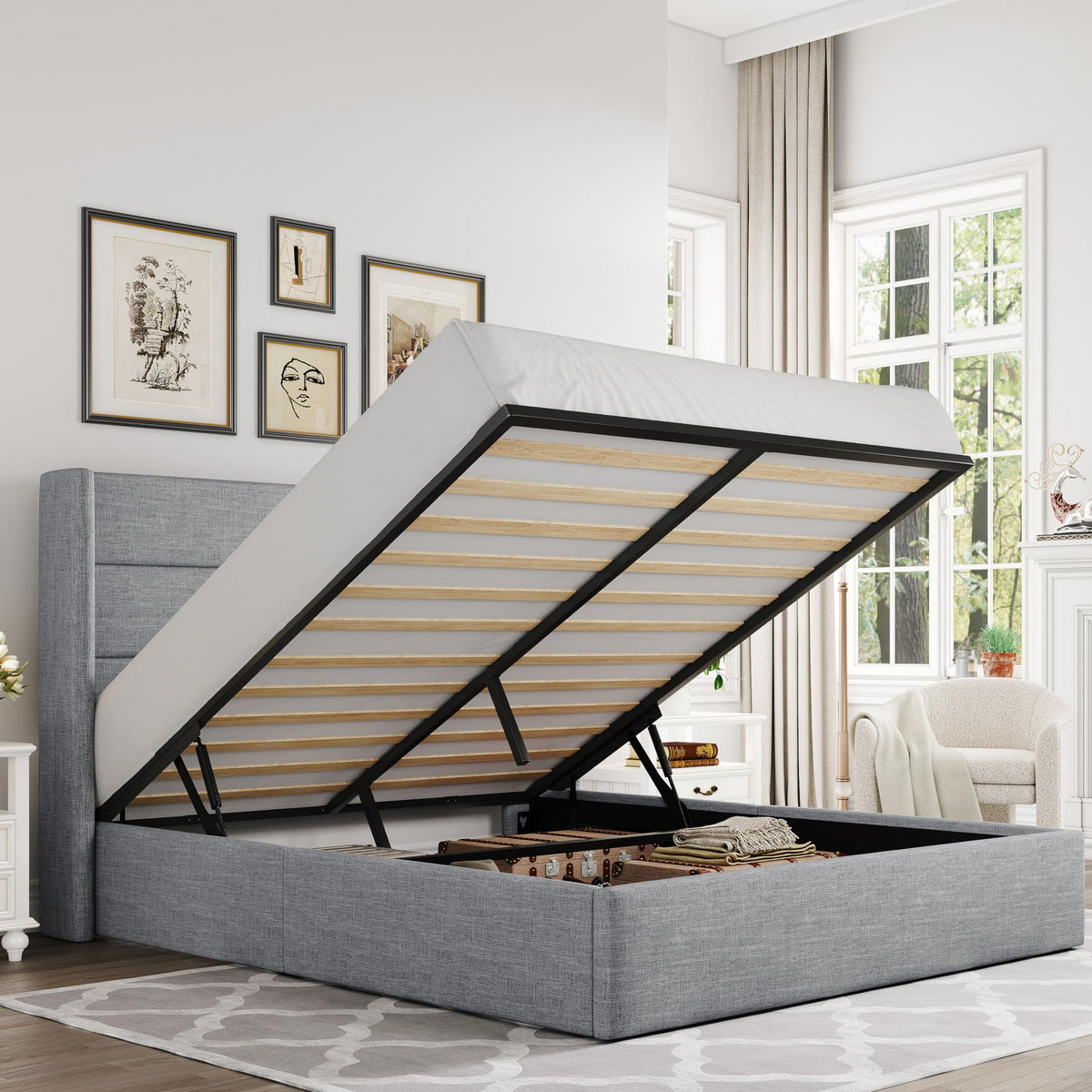 Allewie Full Size Lift Up Storage Bed, Modern Wingback Headboard, Hydraulic Support, No Box Spring Needed, Light Grey