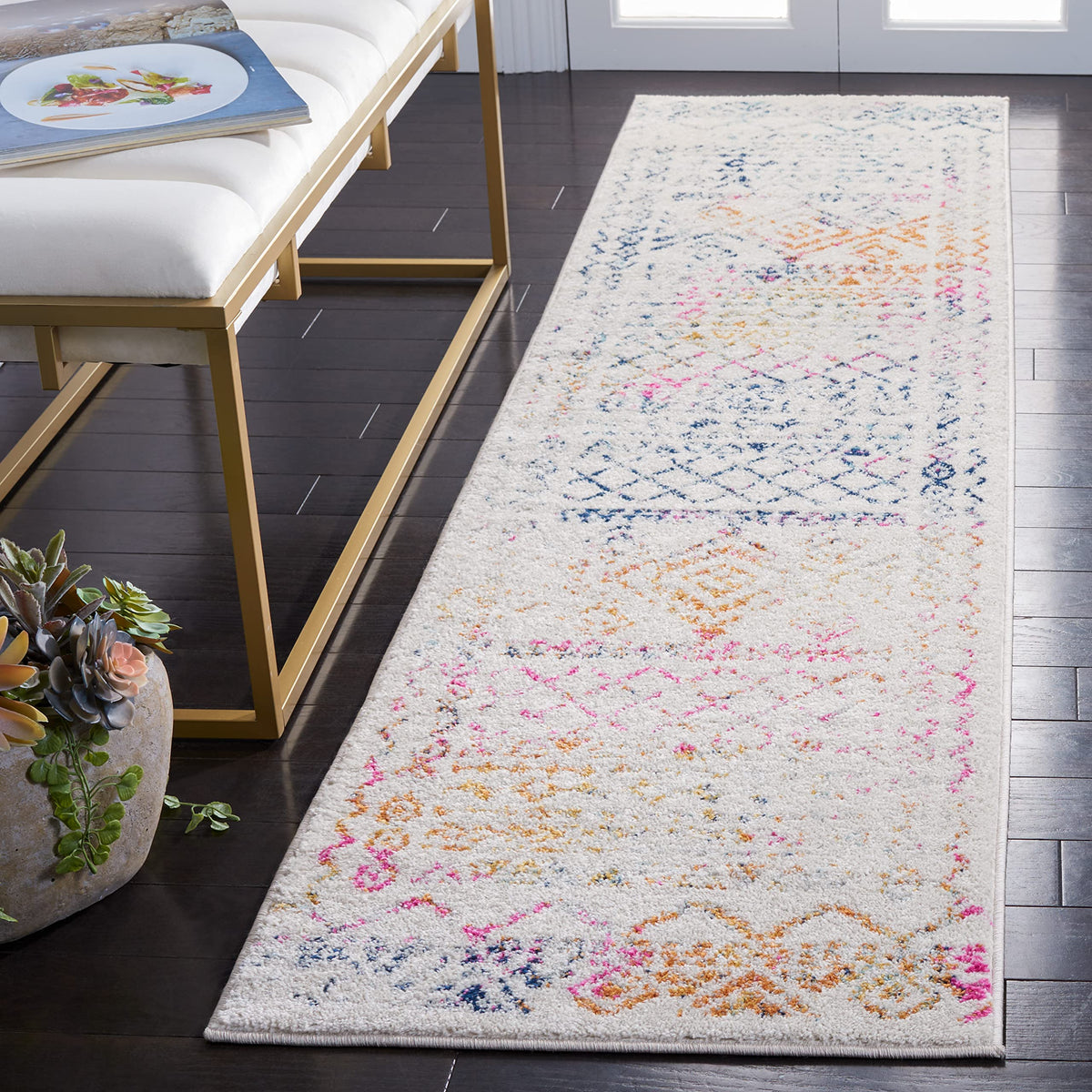 SAFAVIEH Tulum Collection Runner Rug - 2 x 11, Ivory & Fuchsia, Moroccan Boho Distressed Design, Non-Shedding & Easy Care, Ide