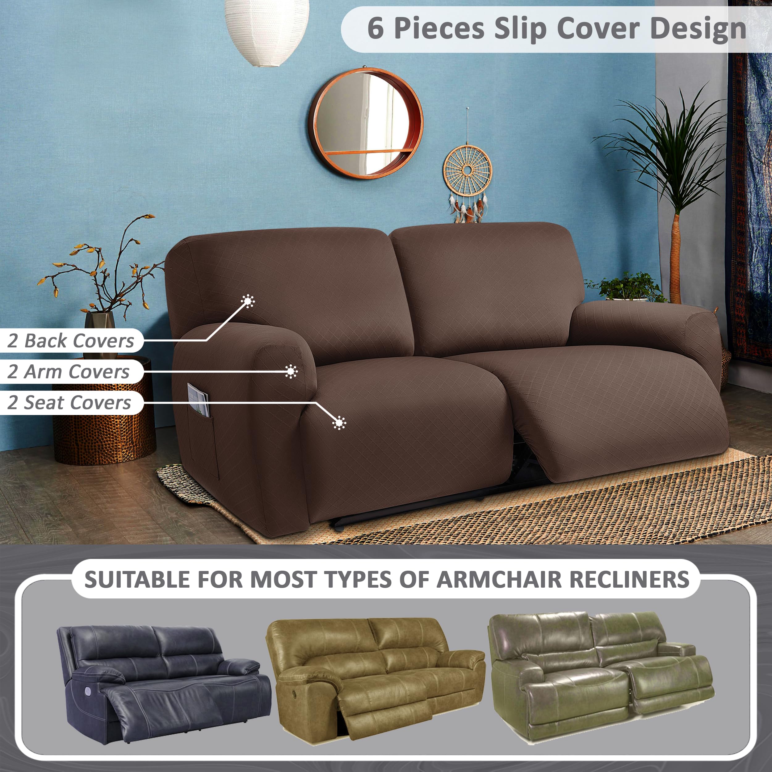 ULTICOR Reclining 2 Seater Sofa Slipcover, Jacquard, Extra Wide 75"-100", Chocolate