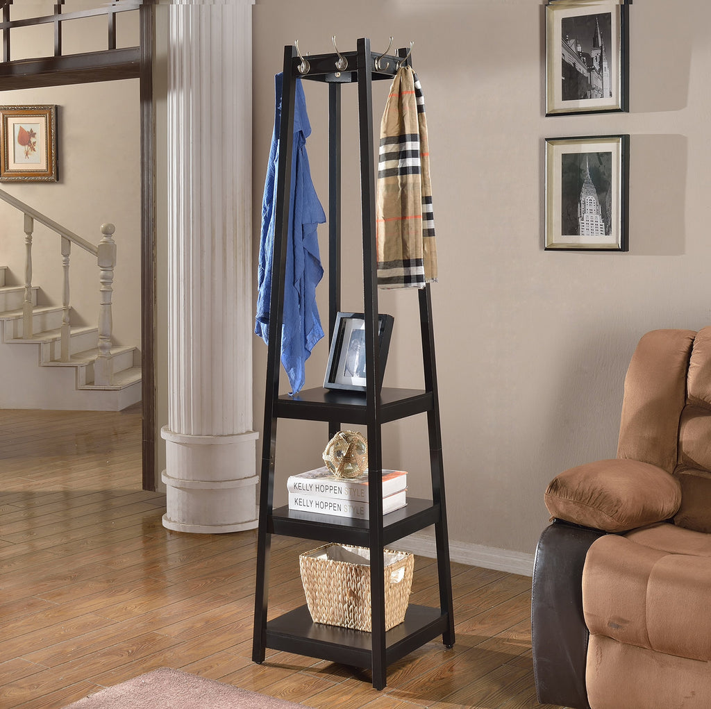 Vassen Coat Rack W/ 3-Tier Storage Shelves In Black Finish