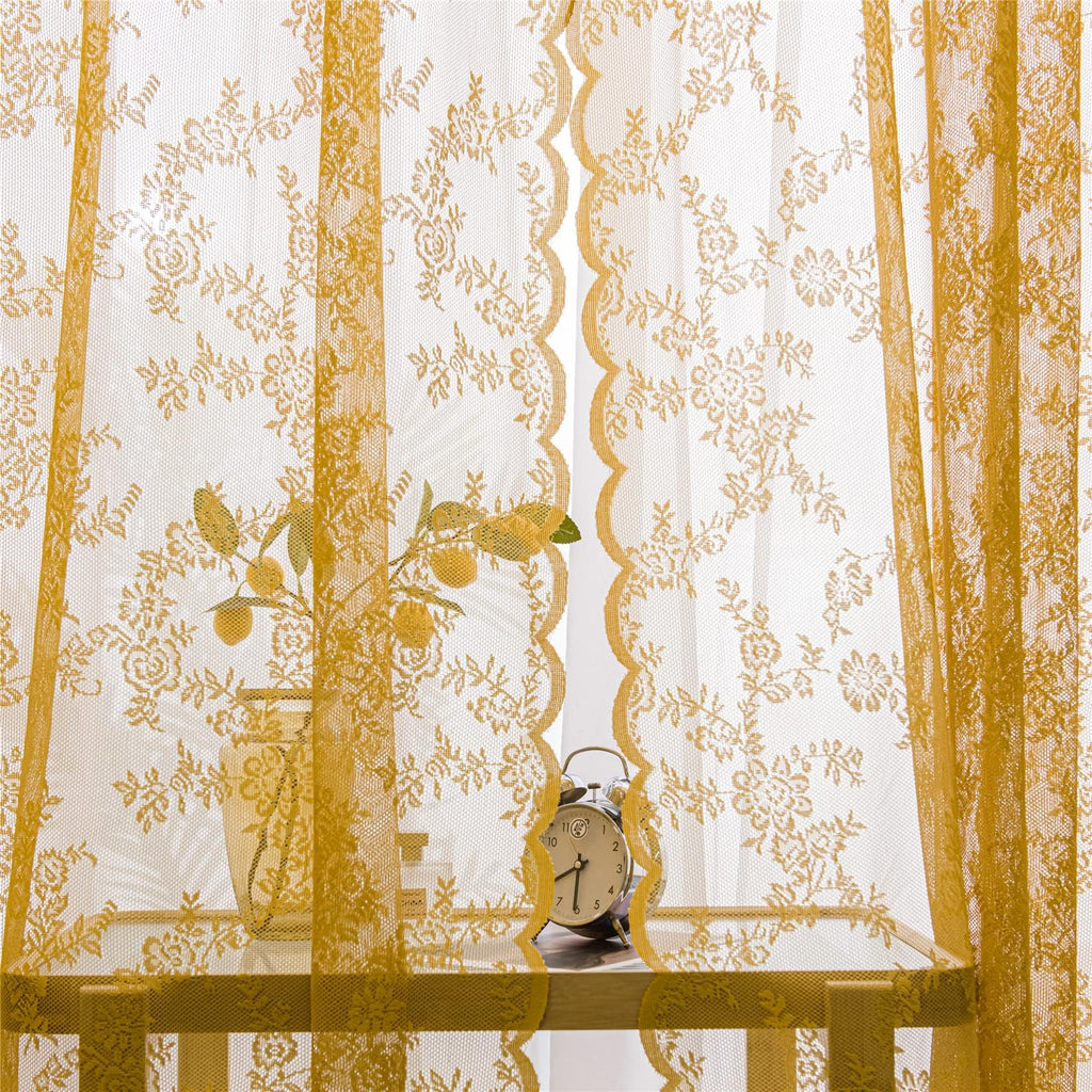Deeprove Gold Lace Sheer Curtains 96 Inches Long 2 Panels Set, Rose Florals Embroidery Privacy Window Treatment Pair Drapes For