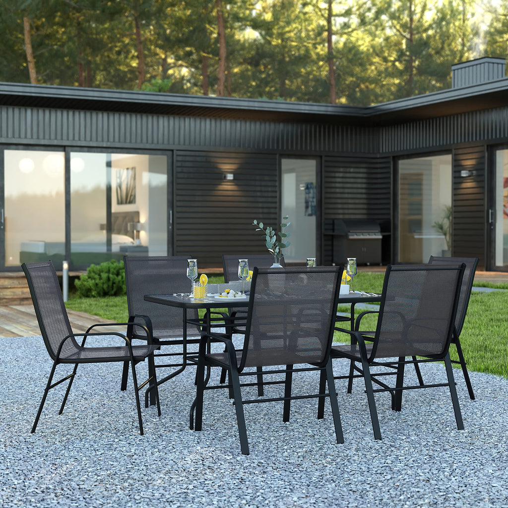 Flash Furniture Brazos Series 7-Piece Glass Patio Table And Chairs Set, Outdoor Dining Set With Table With Umbrella Hole, 6 Sling Patio Chairs, Black