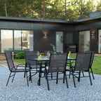 Flash Furniture Brazos Series 7-Piece Glass Patio Table And Chairs Set, Outdoor Dining Set With Table With Umbrella Hole, 6 Sling Patio Chairs, Black