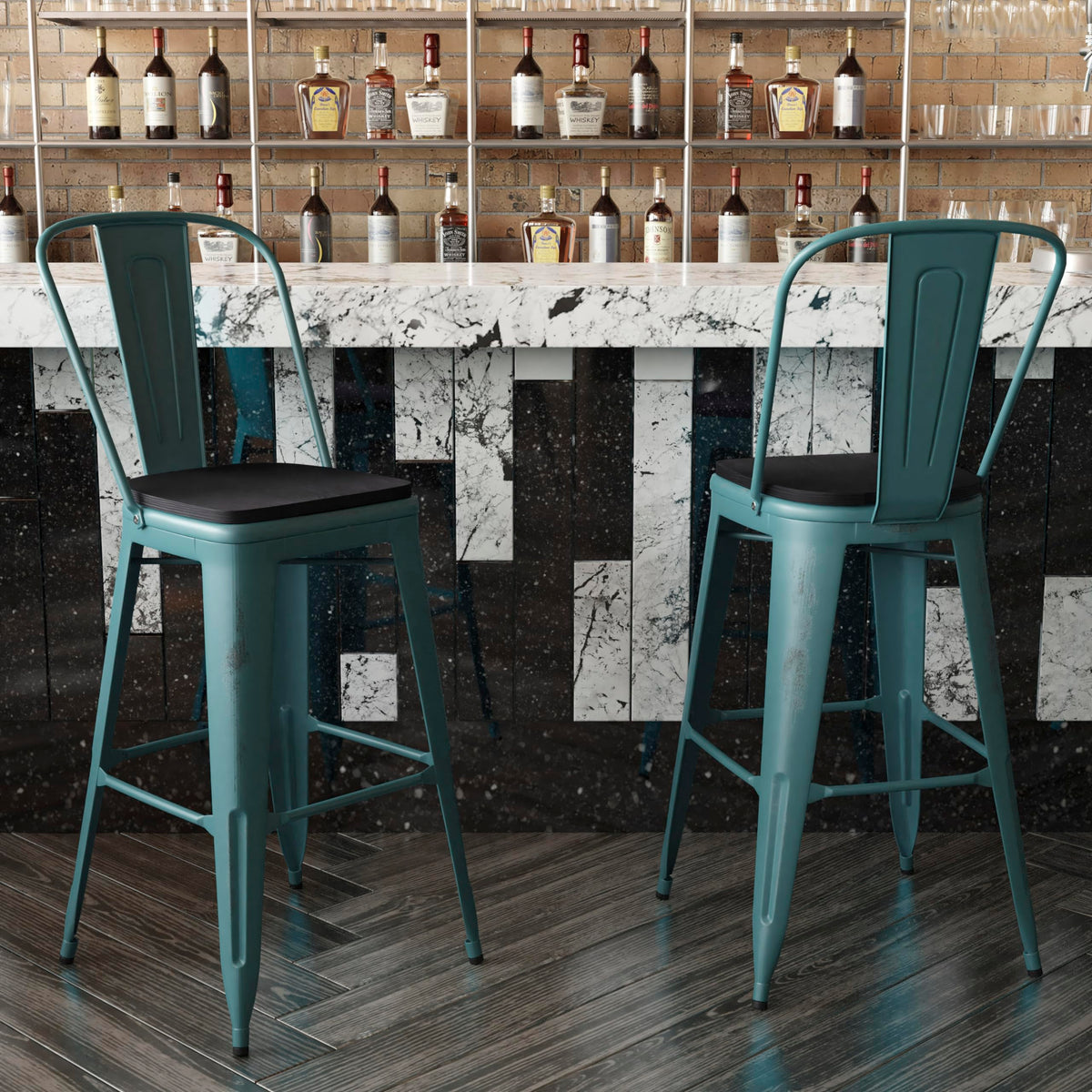 Flash Furniture Carly Commercial Grade 30" High Kelly Blue-Teal Metal Indoor-Outdoor Bar Height Stool with Back and Black Polystyrene Seat